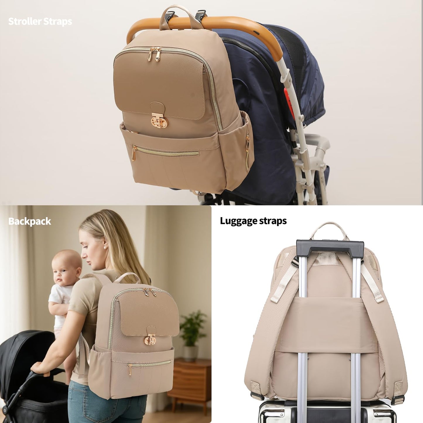 LELLIE - Bolsa de pañales para bebé, mochila para portátil para mujer, bolsa de bebé con bolsillos aislados, mochila de viaje (café topo)