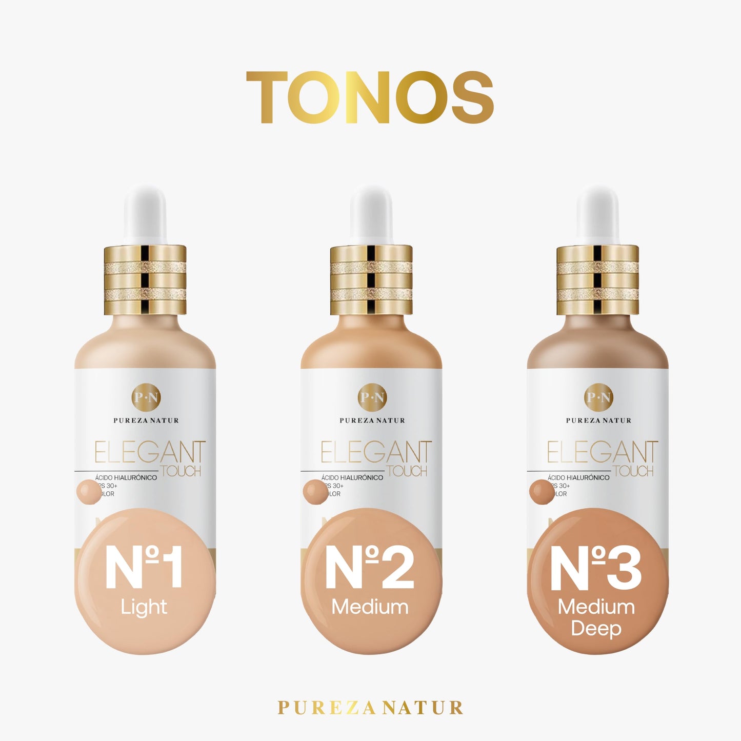 PUREZA NATUR Serum hidratante facial con Ácido hialurónico + FPS 30 + Color Elegant touch 3 en 1 50ml (N1 Light)