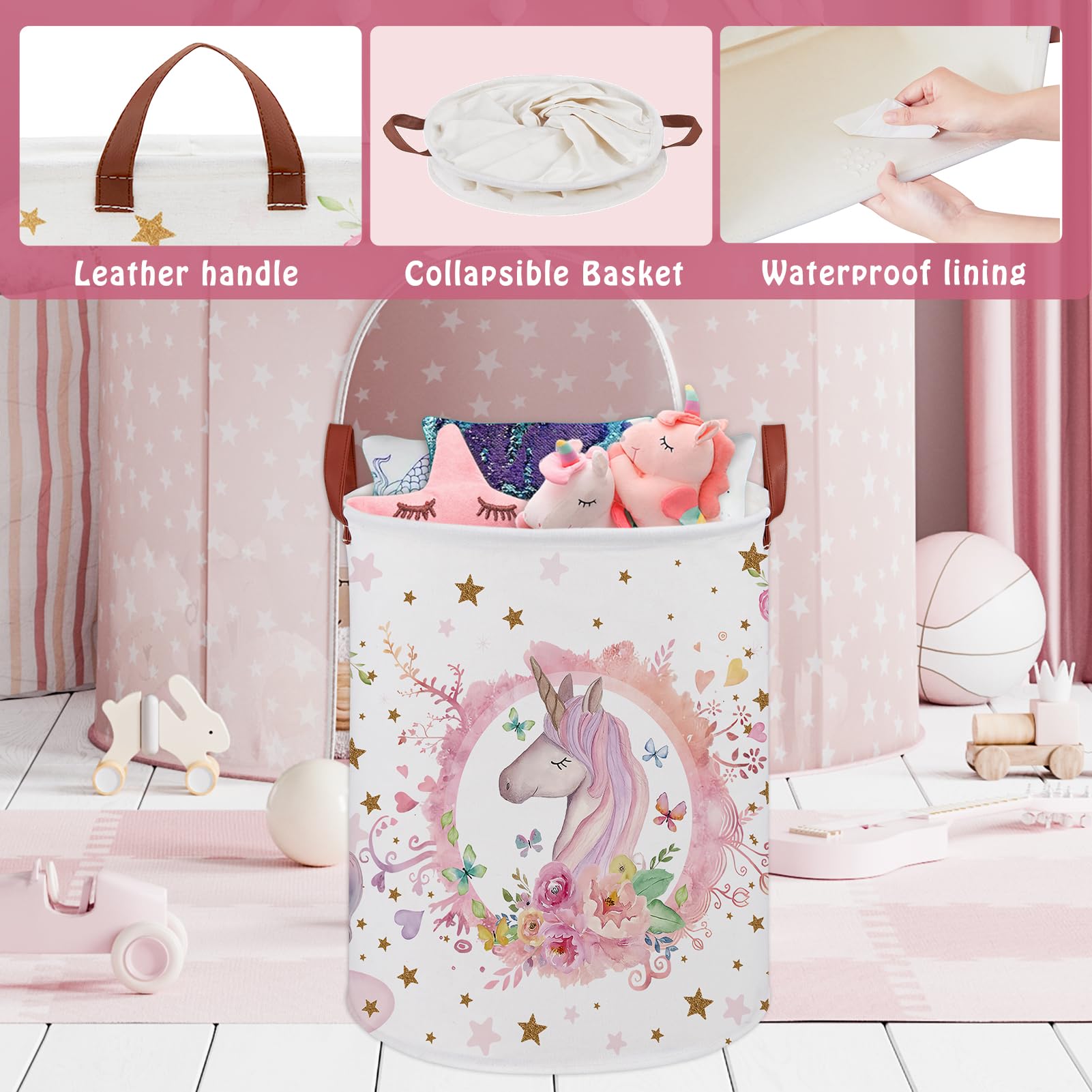 Cesta redonda para lavandería (unicornio rosa)