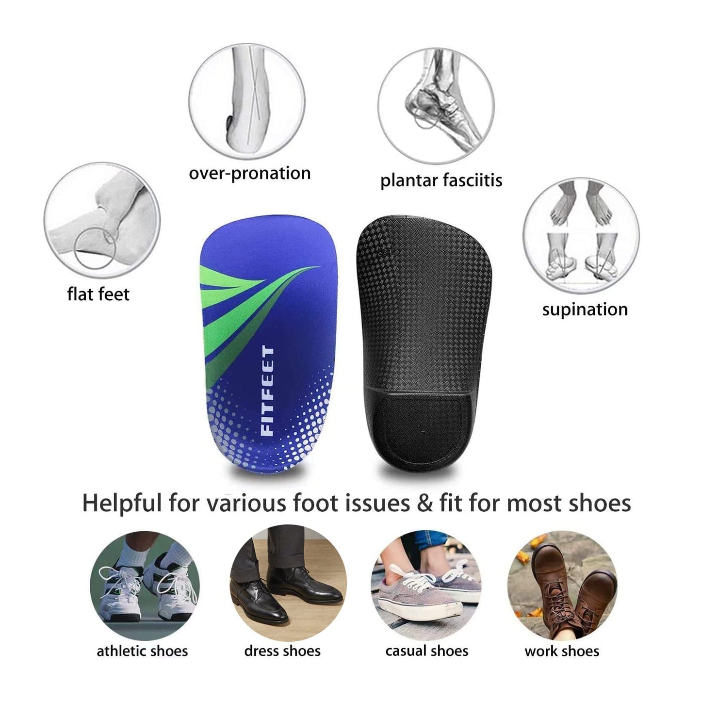 FitFeet Plantillas de soporte de arco alto, inserciones ortopédicas de pie de 3/4 de longitud para sobrepronación, fascitis plantar, pies planos, alivio del dolor, insertos de zapatos para correr deportes hombres y mujeres, Blue&black, L(Men's 9-11, Women