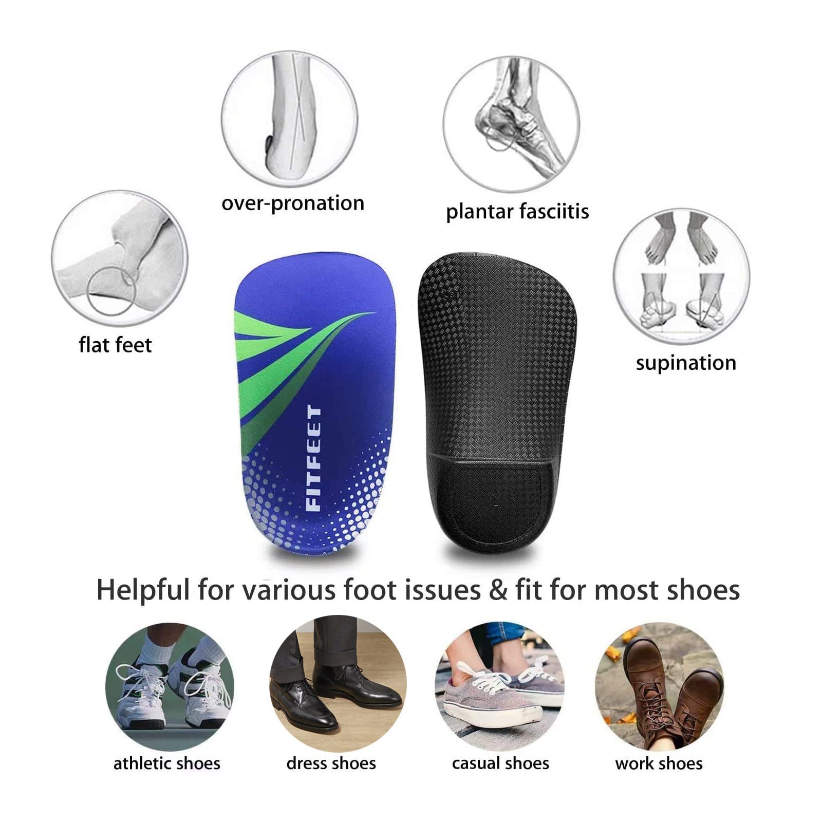 FitFeet Plantillas de soporte de arco alto, inserciones ortopédicas de pie de 3/4 de longitud para sobrepronación, fascitis plantar, pies planos, alivio del dolor, insertos de zapatos para correr deportes hombres y mujeres, Blue&black, L(Men's 9-11, Women