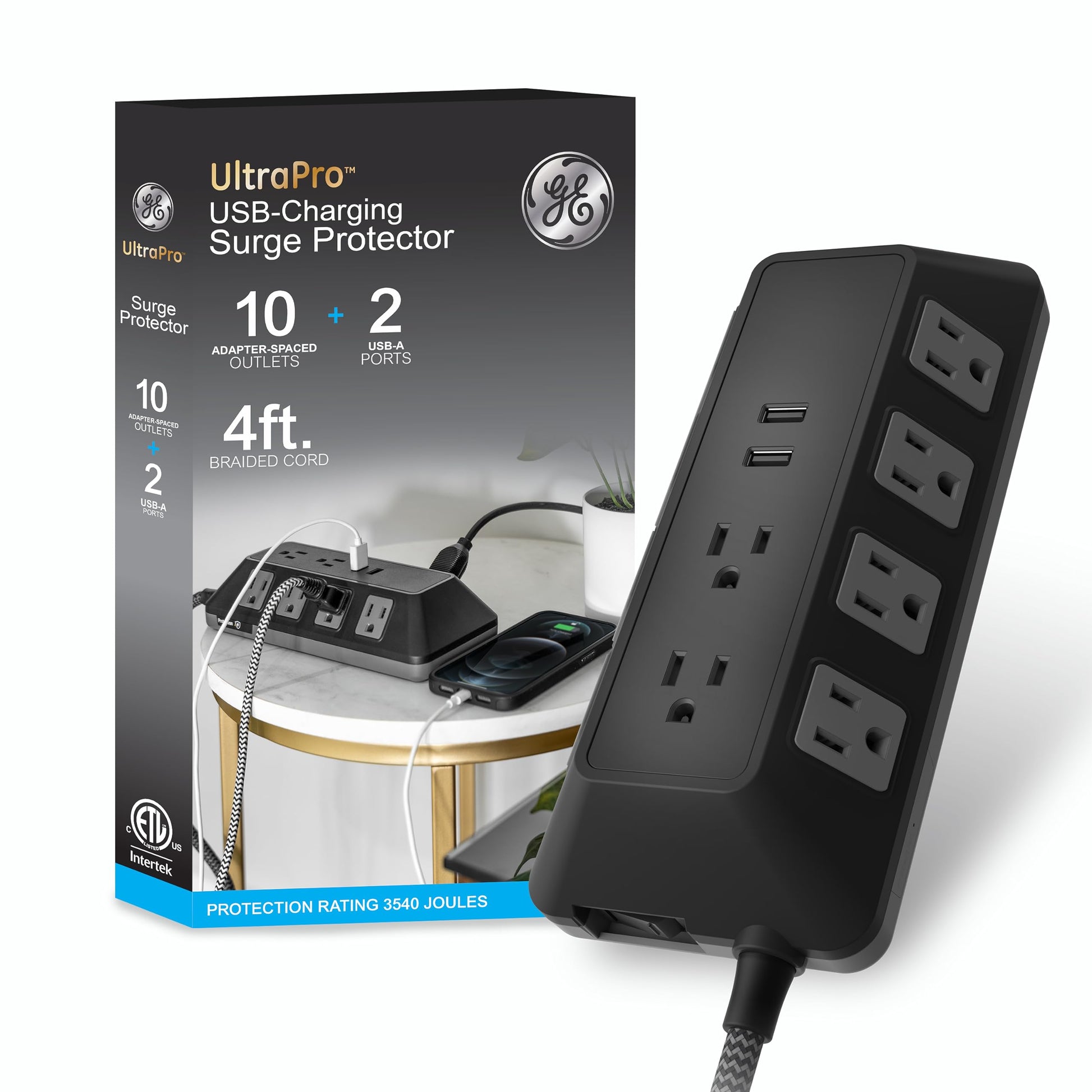 GE UltraPro - Protector de sobretensiones de 10 Salidas con Puertos USB, 2 Puertos USB-A, 2.4A, 12W, Cable Trenzado de 4 pies, Protector de sobretensiones de 3540 Julios, Negro, 73775