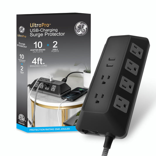 GE UltraPro - Protector de sobretensiones de 10 Salidas con Puertos USB, 2 Puertos USB-A, 2.4A, 12W, Cable Trenzado de 4 pies, Protector de sobretensiones de 3540 Julios, Negro, 73775