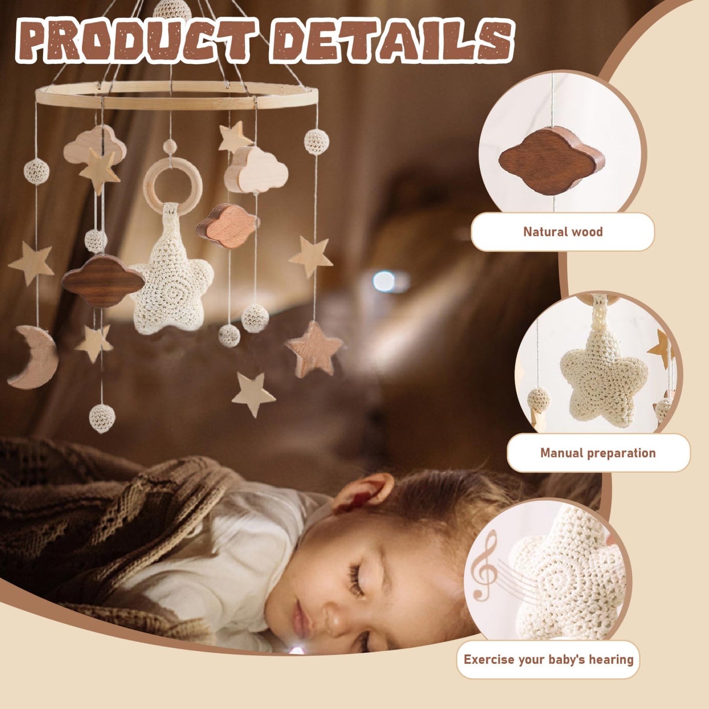 Móvil de Cuna de Madera con Estrellas y Nubes para Bebés para Niñas y Niños