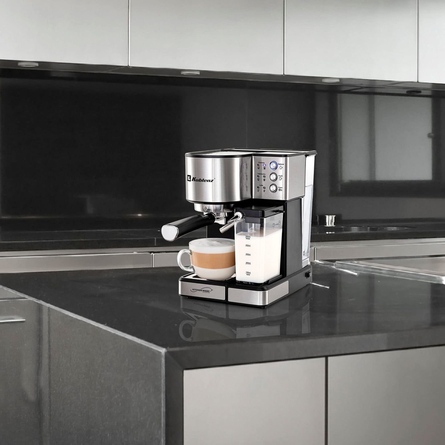 Koblenz Cafetera Espresso, Cappuccino y Latte, 15 Bares de Presión, Multipropósito, Potencia de 1350 W, Deposito de leche, Sistema de Espuma para Café Cappuccino, Filtro lavable (CKM-1350 IN)
