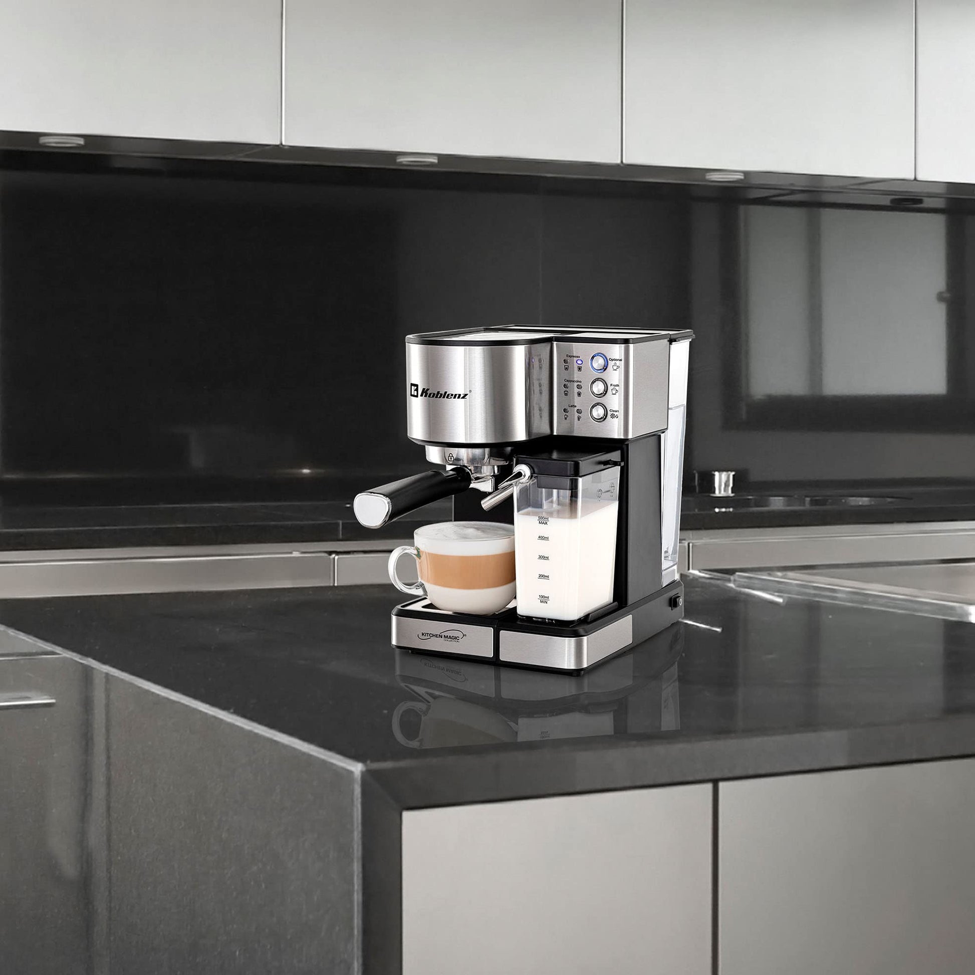 Koblenz Cafetera Espresso, Cappuccino y Latte, 15 Bares de Presión, Multipropósito, Potencia de 1350 W, Deposito de leche, Sistema de Espuma para Café Cappuccino, Filtro lavable (CKM-1350 IN)
