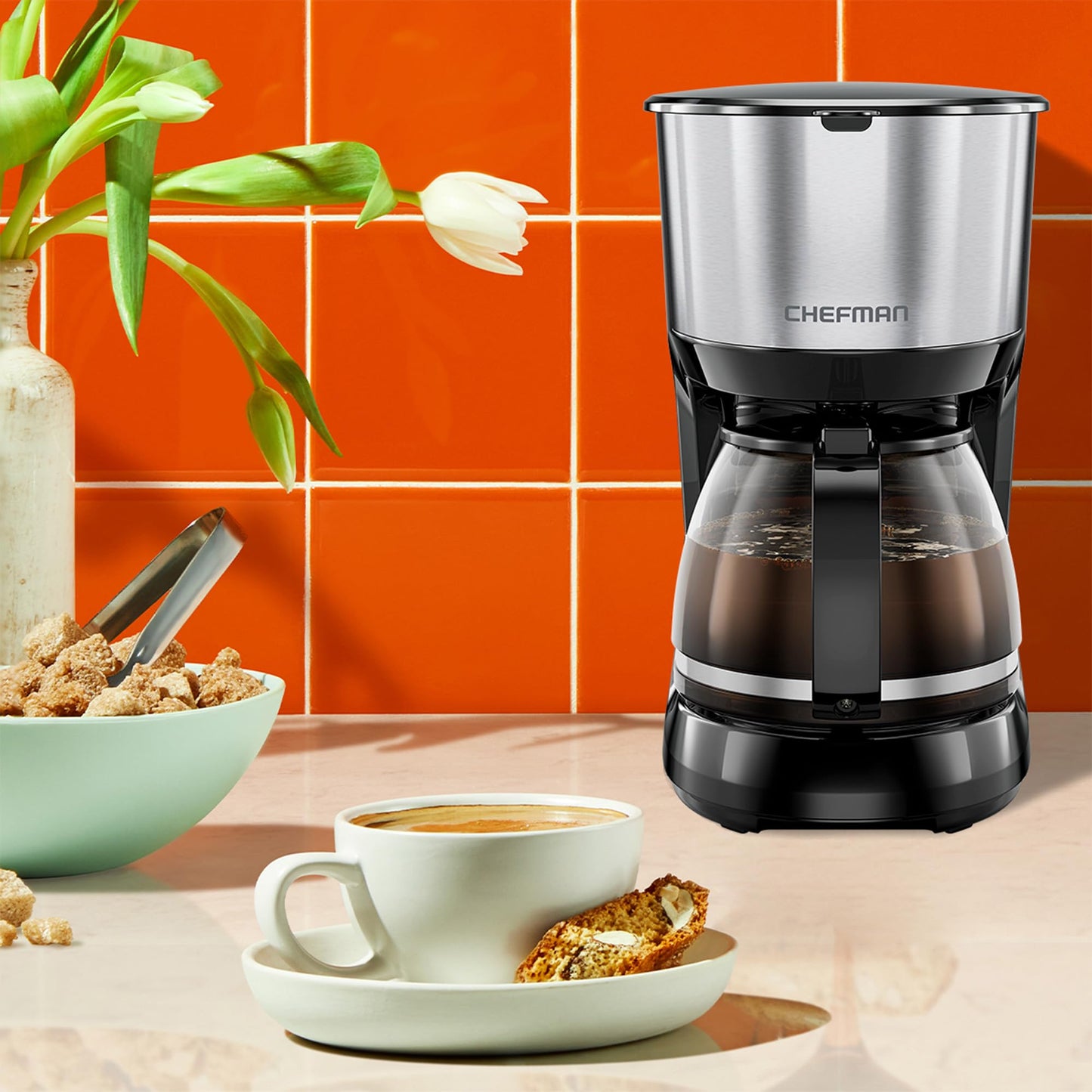Cafetera Eléctrica Chefman Acero Inoxidable Olla Antigoteo Jarra de Vidrio 1L Filtro Reutilizable