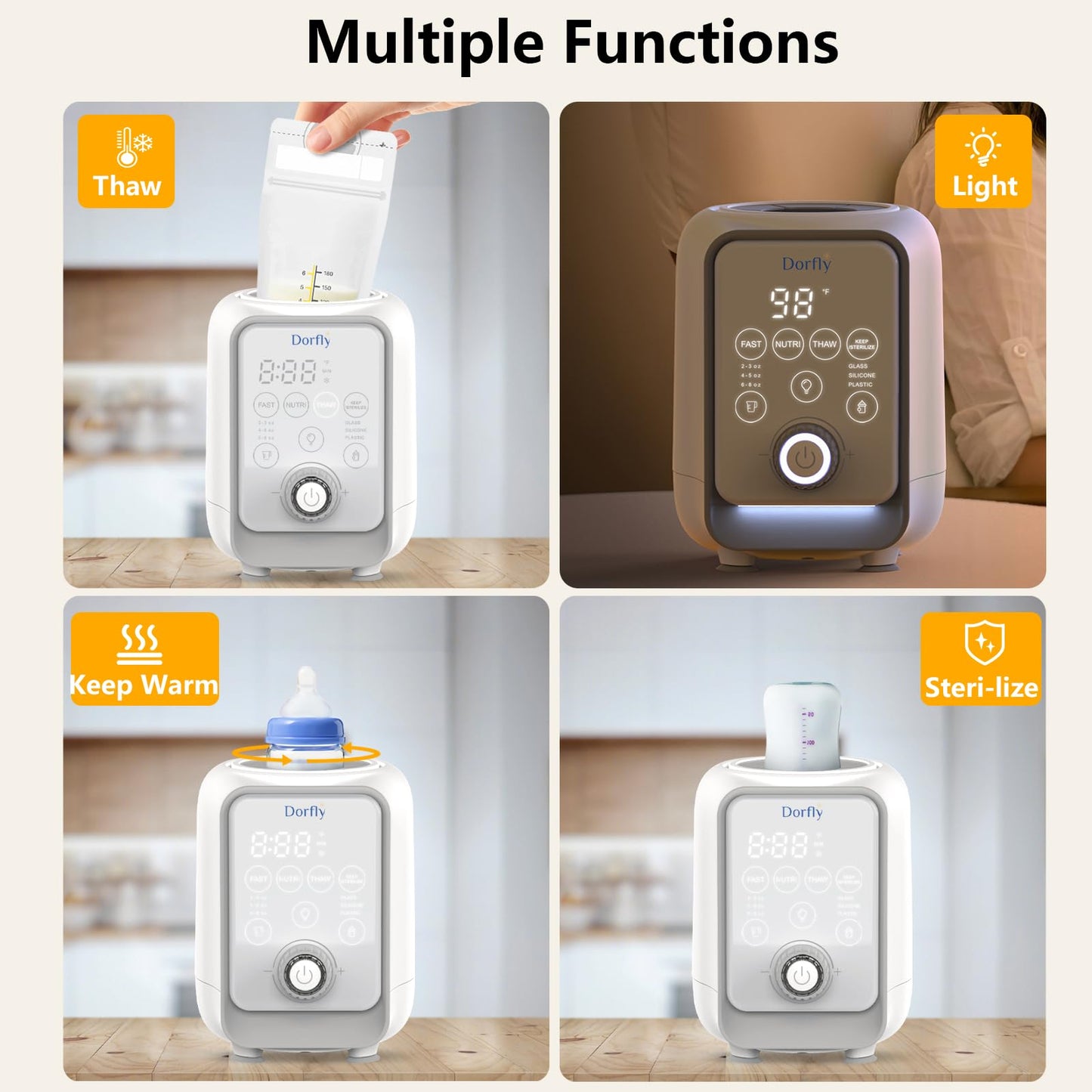 DORFLY Calientabiberones Dorfly giratorio, calentamiento rápido en 3 minutos, 9 en 1 para leche materna y fórmula, control preciso de temperatura.
