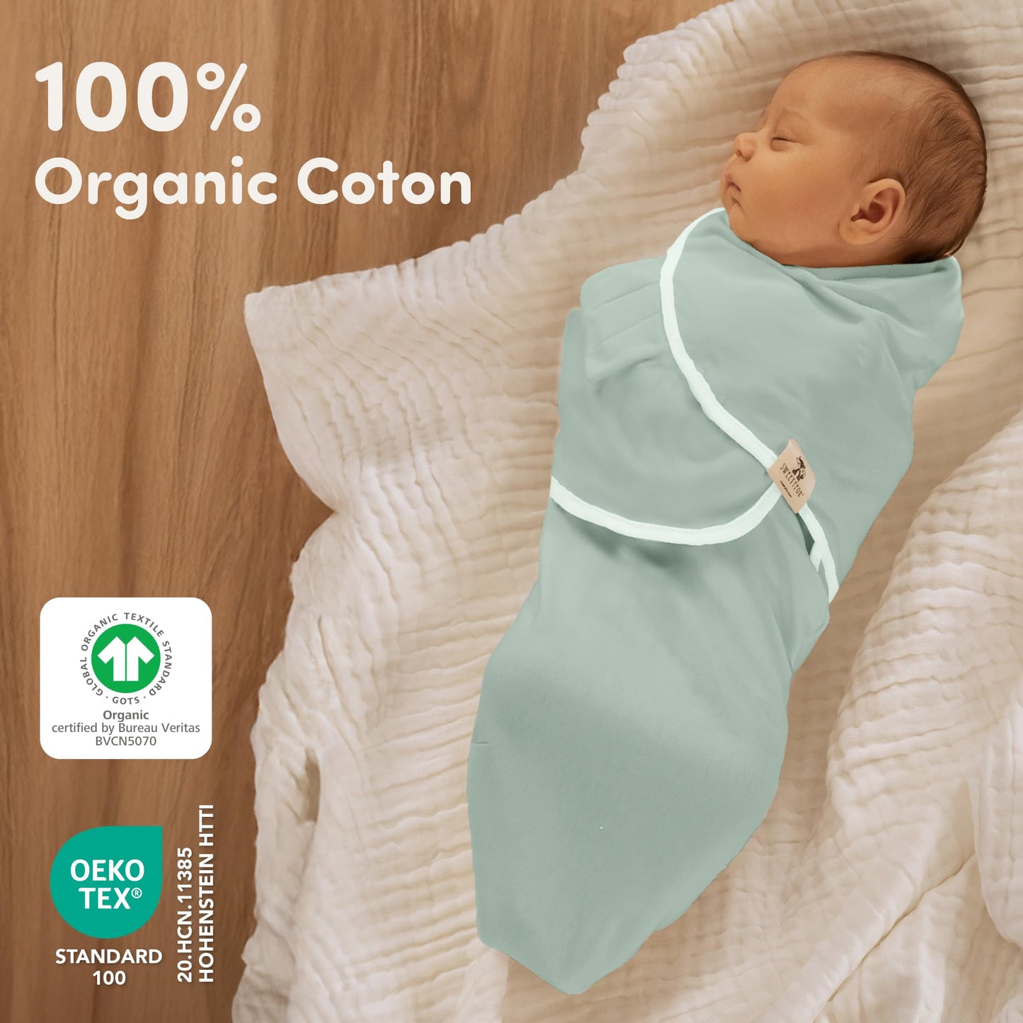 Sweety Fox - Saco de dormir para bebé de 0 a 3 meses GOTS Swaddles para recién nacidos, paquete de 3 unidades, musgo, manta para envolver