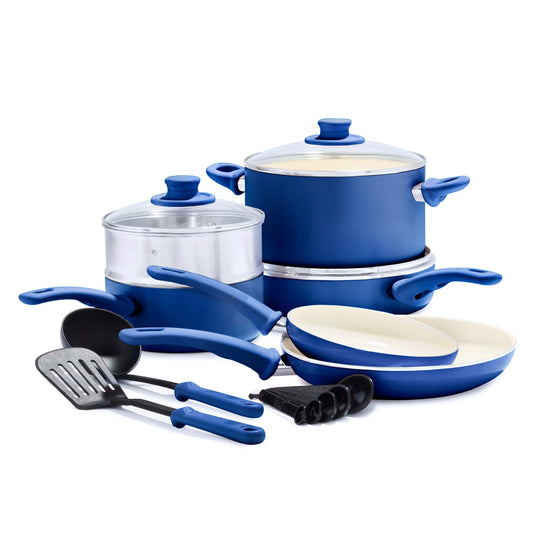 GreenLife Soft Grip Healthy Ceramic - Juego de ollas y sartenes antiadherentes de 12 piezas, sin PFAS, apto para lavaplatos, color azul