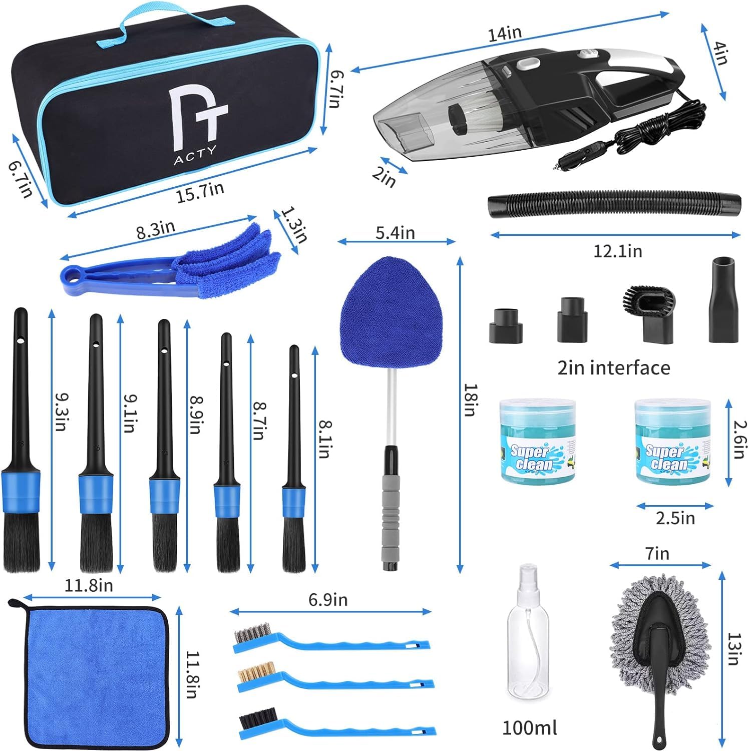 CYANBAMBOO 17 piezas kit de detalles de coche, kit de limpieza de coche con aspiradora de mano de alta potencia, juego de cepillos de detalles, herramienta de limpieza de parabrisas, toallas de