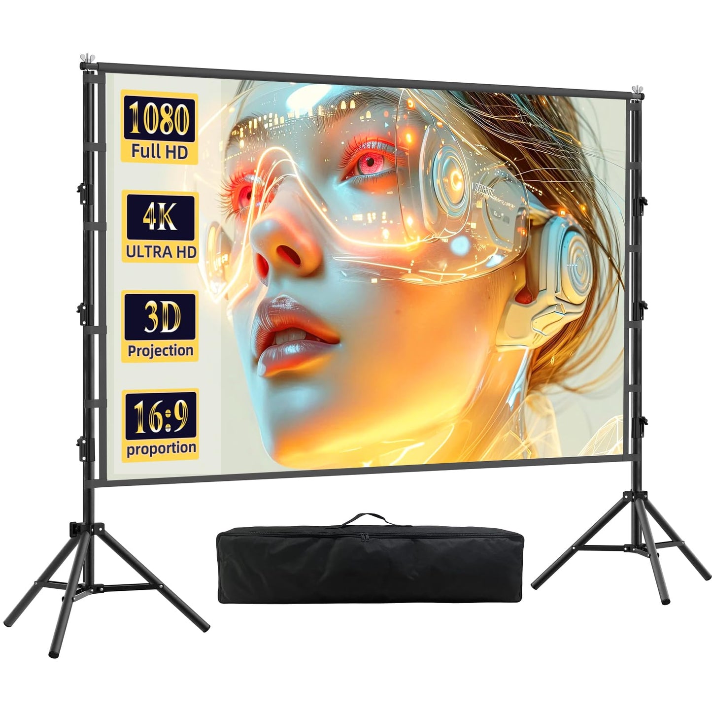 visualización de proyector con soporte, soporte portátil de alta resistencia, visualización de proyección frontal trasera 4K HD 16:9 con bolsa de transporte, soporte de altura ajustable para cine en