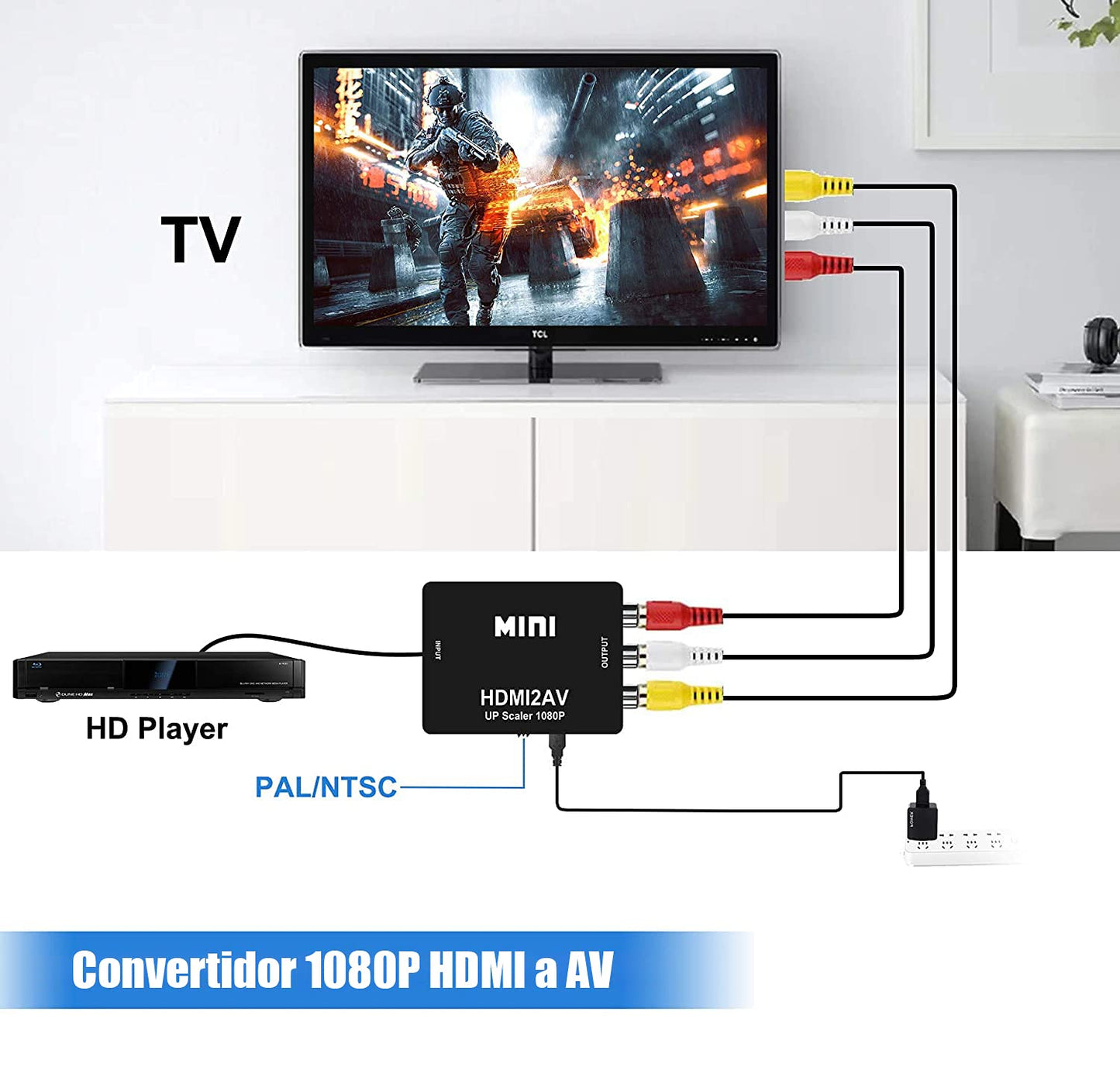 YOU ER MEI Adaptador HDMI a RCA, HDMI a AV Convertidor de Video Soporte 1080P con Cable de Alimentación USB Convertidor de Señal de Xbox PS4, PS3,STB VHS VCR Cámara DVD a HDMI TV …