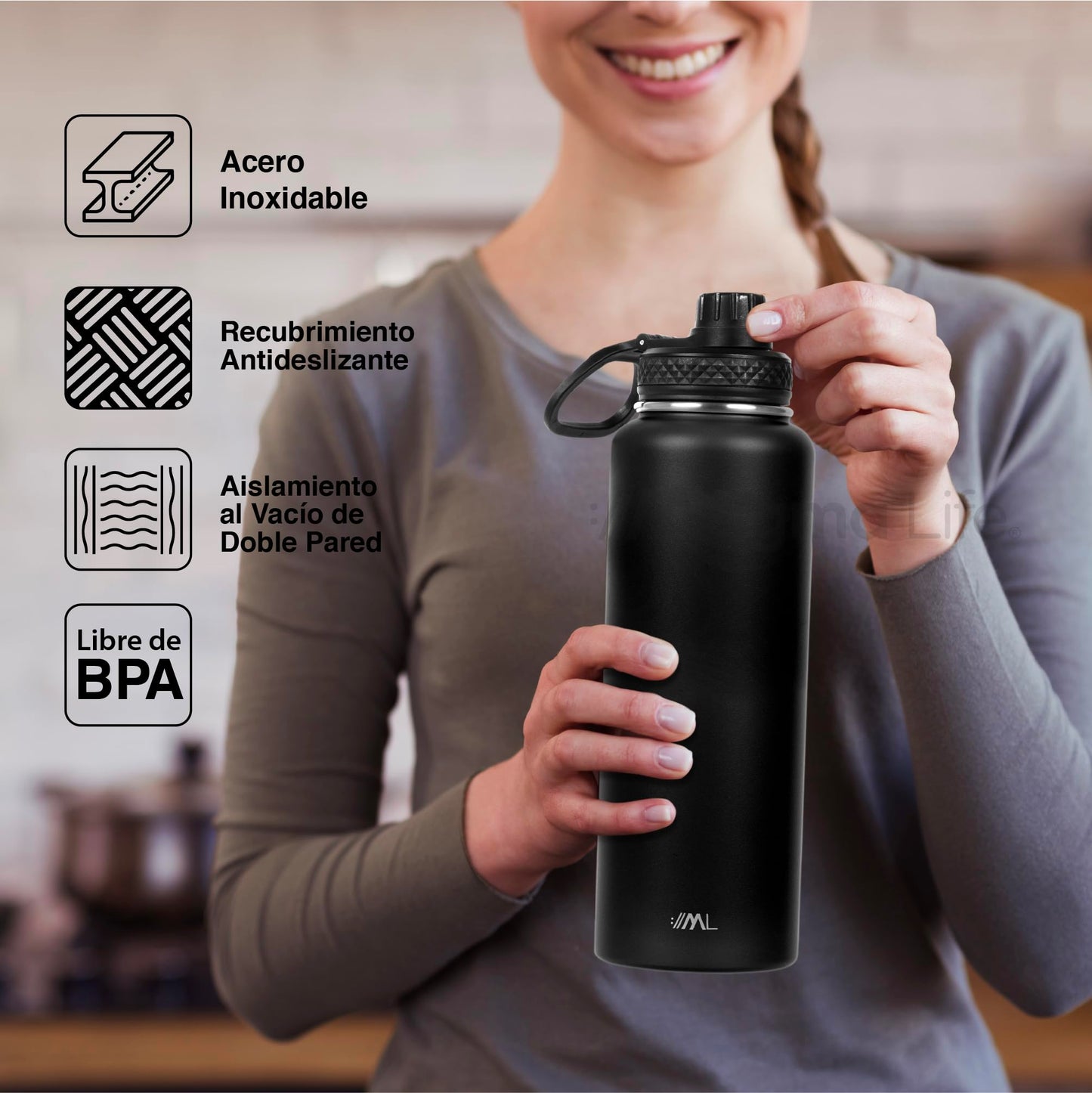 Magma Life Termo para Café y Agua de Acero Inoxidable 40 Oz (1200 ml): Contiene 3 Tapas para Diferentes tipos de Bebidas, Ideal para Mantener la Temperatura Deseada (Black)