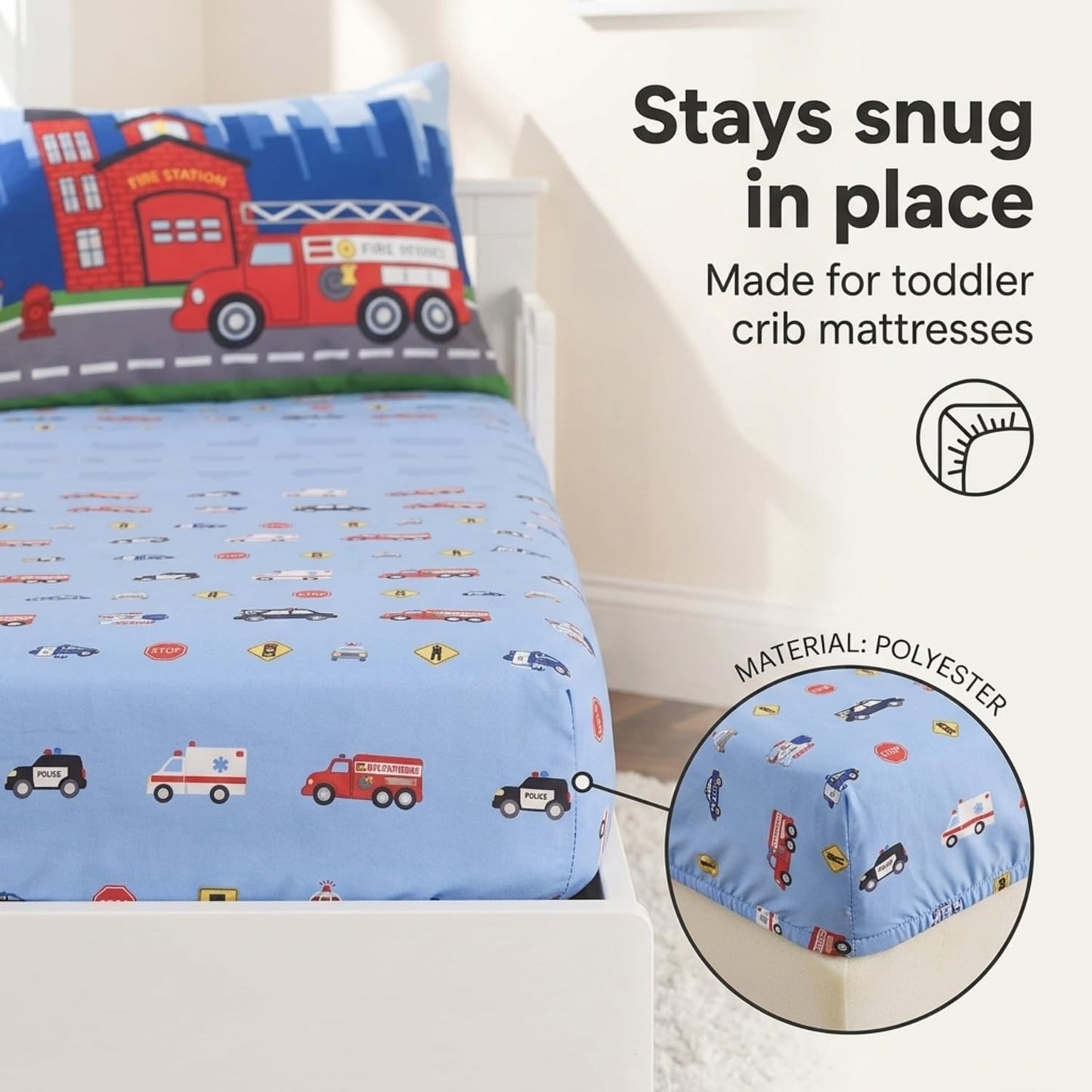 EVERYDAY KIDS - Juego de sábanas bajeras de 3 piezas para niños pequeños, sábana encimera y funda de almohada – Policía, fuego y rescate, juego de sábanas de microfibra suave y transpirable para niños