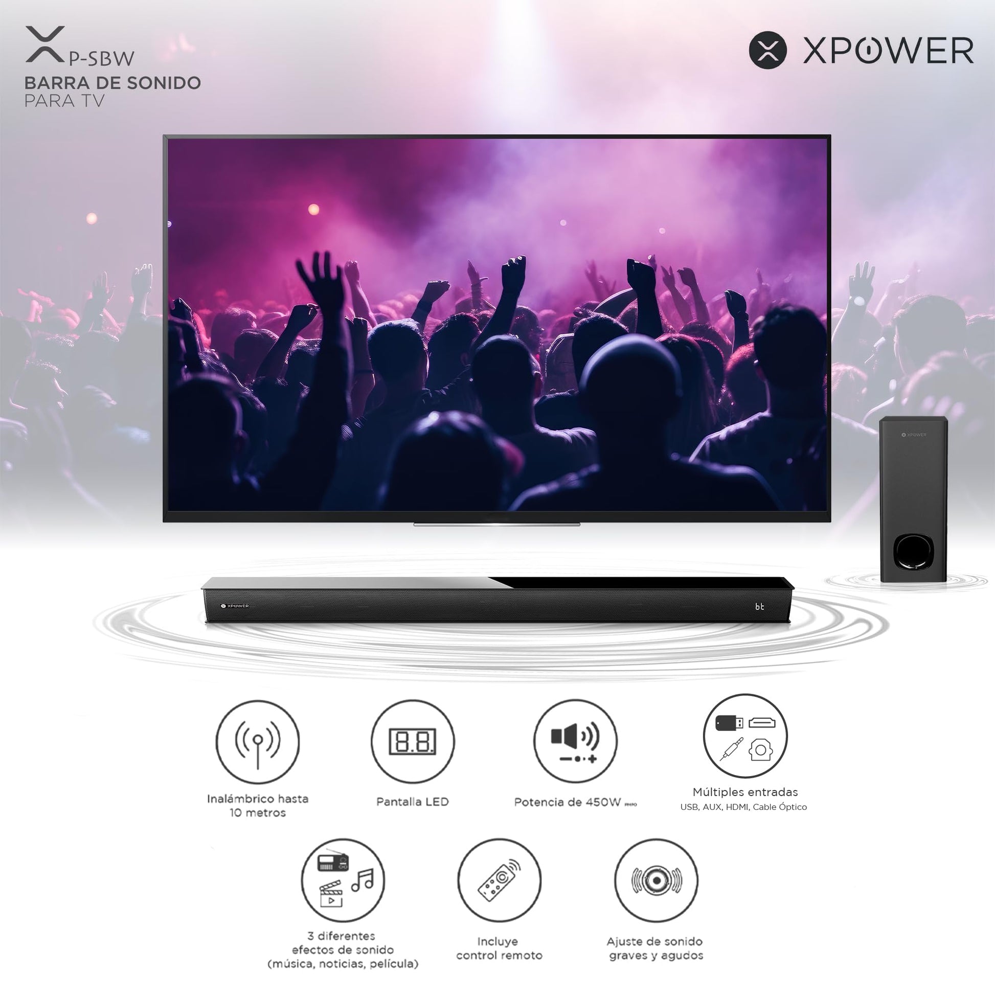 XP WER Sistema de Sonido de Cine en Casa de 120W, Barra de Sonido 60W + Subwoofer 60W | XP-SBW, Bluetooth, HDMI, AUX, Cable Optico