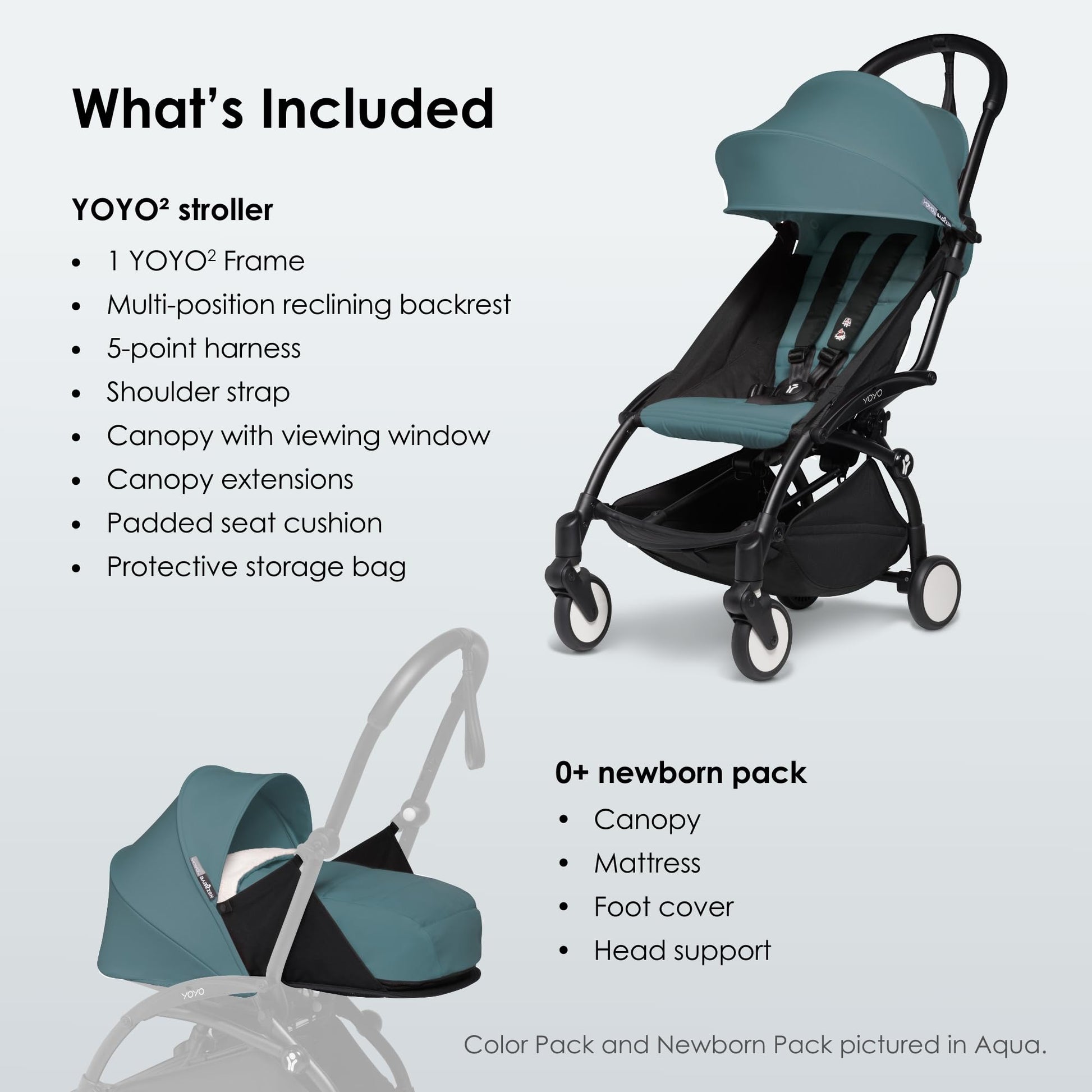BABYZEN Cochecito Completo YOYO2 - Incluye Pack Recién Nacido 0+ (Negro), Chasis (Blanco) & Pack 6+ Color (Negro) - Para Niños Hasta 22 kg