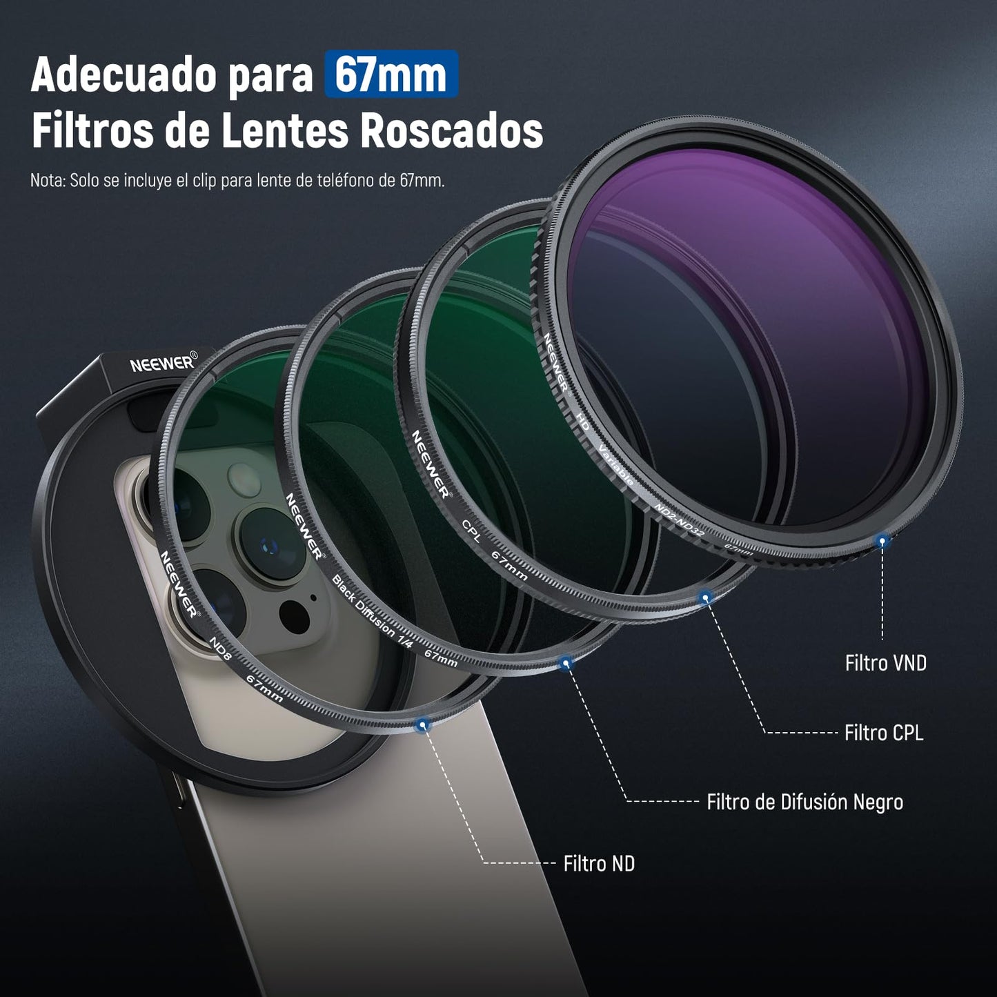 NEEWER 67mm Clip de Filtro Lente Roscado para Filtro Mount Teléfono de Mejorado con Soporte Cold Shoe, 13mm Apertura Compatible con iPhone 15 14 13 Pro MAX Pro MAX Samsung Galaxy S22 S23 Ultra, LA006
