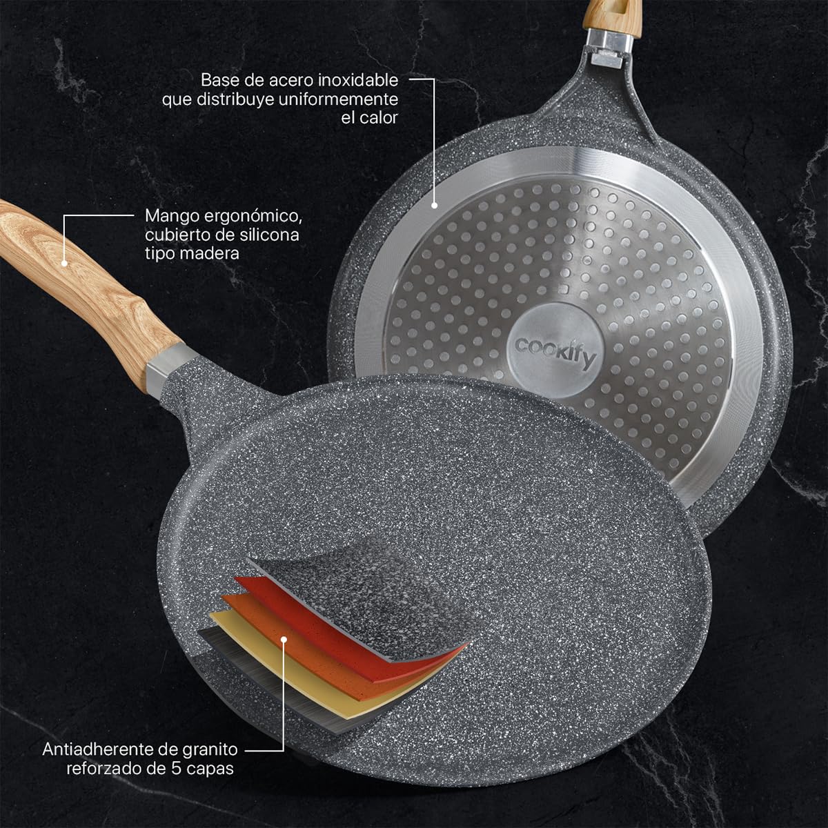 Cookify Set de 3 piezas (Sarten 20 y 24 cm y Crepera 28 cm) Antiadherente de Mármol (Gris)