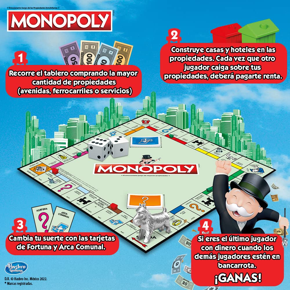Hasbro Monopoly Clásico Juego de Mesa de Negociar Propiedades, Ideal para Adultos, niños y niñas a Partir de los 8 años, para Jugar en Familia o con Amigos, de 2 a 6 Jugadores.