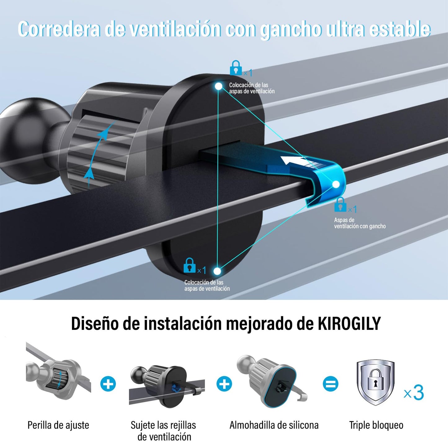 KIROGILY Soporte para Celular Automovil, Porta Celular para Auto de 360°, Uso con Una Mano, Soporte Celular Auto para Rejillas de Ventilación, Compatible con la Mayoría de Los Teléfonos Inteligentes