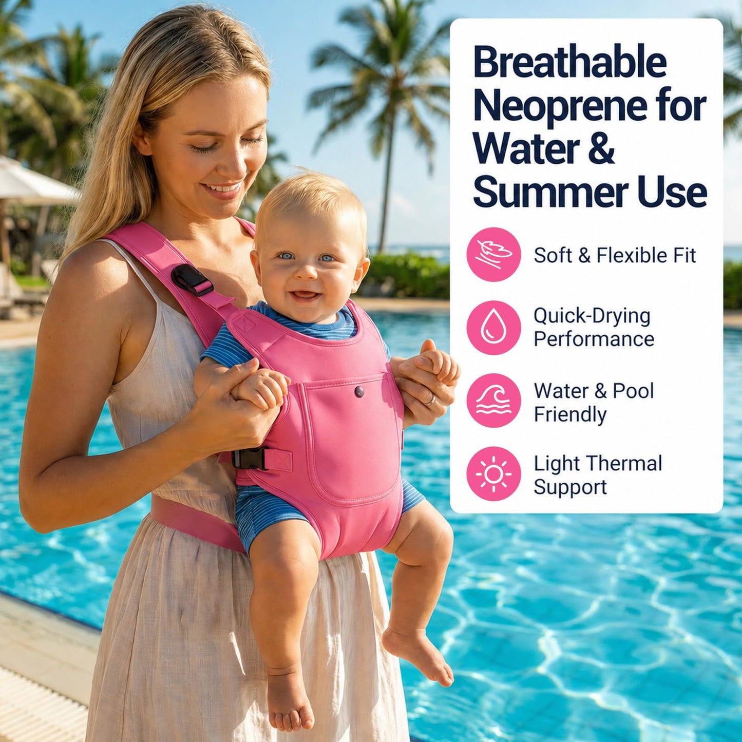 Portabebés de neopreno para bebés recién nacidos a niños, ergonómico e impermeable para el pecho con correas ajustables, transpirable y ligero, equipo de uso para verano, piscina, natación y playa