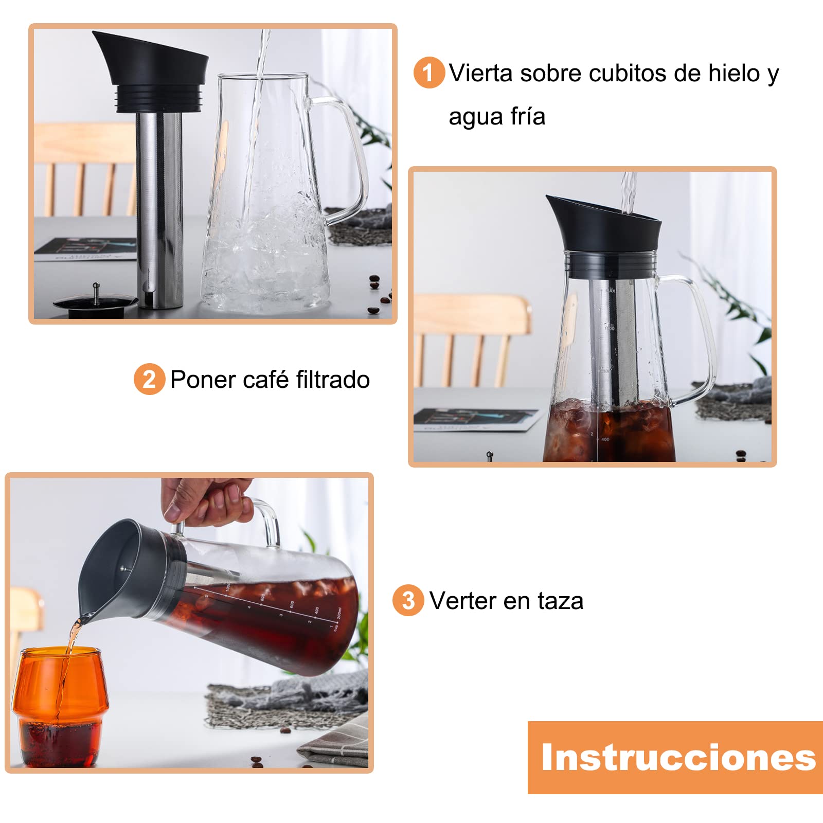 Cafetera Cold Brew Vidrio, Cafe Frio Maquina, 1.2 L/40 oz Jarra de Vidrio con Filtro de Acero Inoxidable Extraíble, Sin BPA, Jarra de Café Duradera con Tapa Hermética para Café Helad y Té Frío