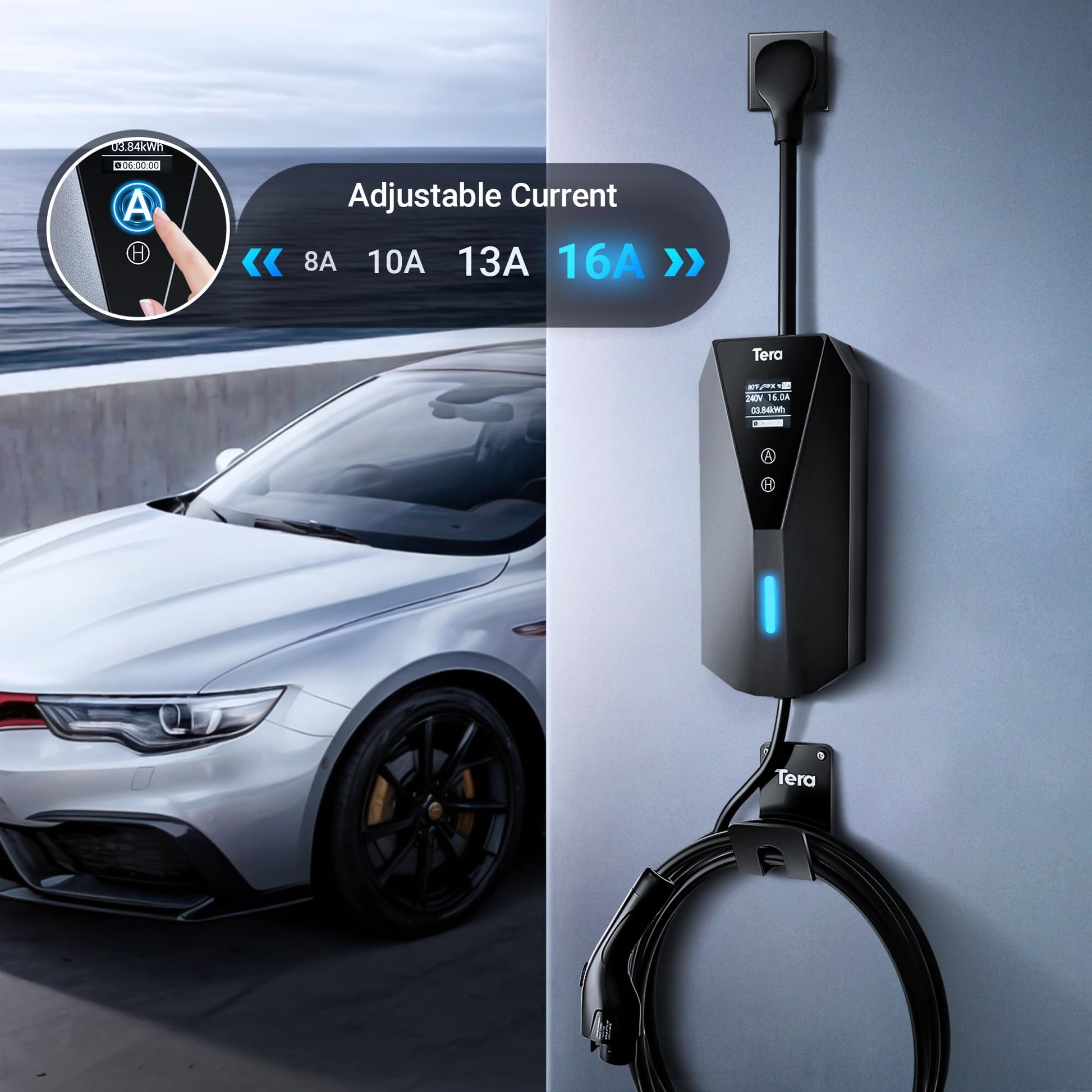 Tera Cargador eléctrico para vehículos portátil: Nivel 2 y 1 J1772 16A 8A 110V 240V ETL NEMA 14-50 Enchufe para Interiores y Exteriores EV estación de Carga con NEMA 5-15 Cable Adaptador P02 de 23