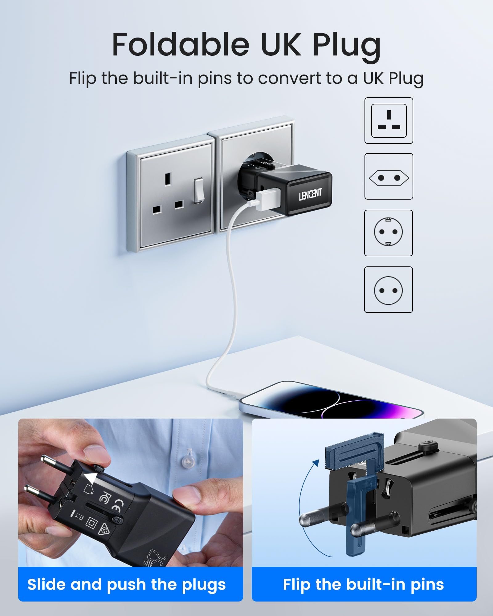 LENCENT Adaptador de Viaje Internacional, Cargadores USB C, Carga Rápida PD 25W & QC 3.0 Tipo C, Cargador de Pared, Adaptador de Enchufe Universal para EU/UK/EE.UU./AUS