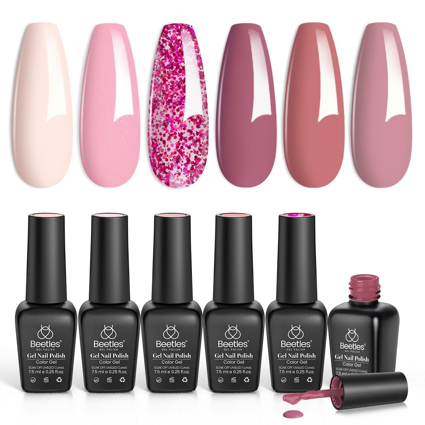 Kit de esmalte de uñas de gel Beetles, 6 colores, colección de confeti rosa, juego de esmalte de uñas de gel pastel con purpurina rosa nude clásico, esmalte de uñas en gel con LED UV, kit de manicura para regalo