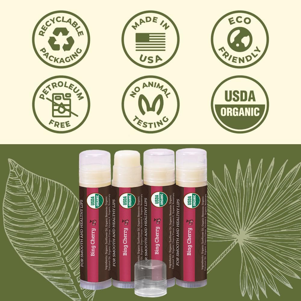 Bálsamo labial orgánico USDA de Earth's Daughter, paquete de 4 – sabor a cereza, cera de abejas, aceite de coco, vitamina E – mejor barra de reparación de labios para labios secos agrietados.