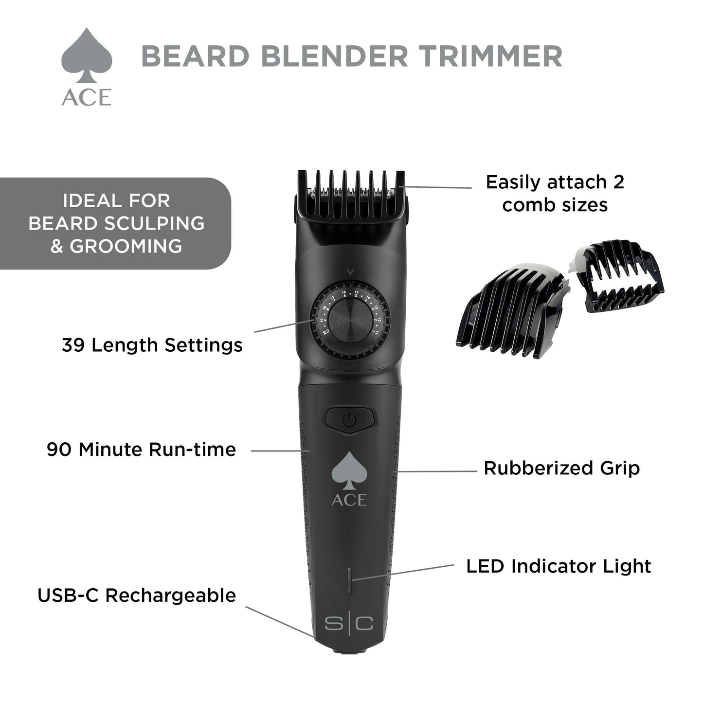 Stylecraft Ace Premium - Batidora de barba para hombre, ligera, sin cables, 39 longitudes ajustables, recargable con USB-C, agarre ergonómico, cuchillas de acero inoxidable