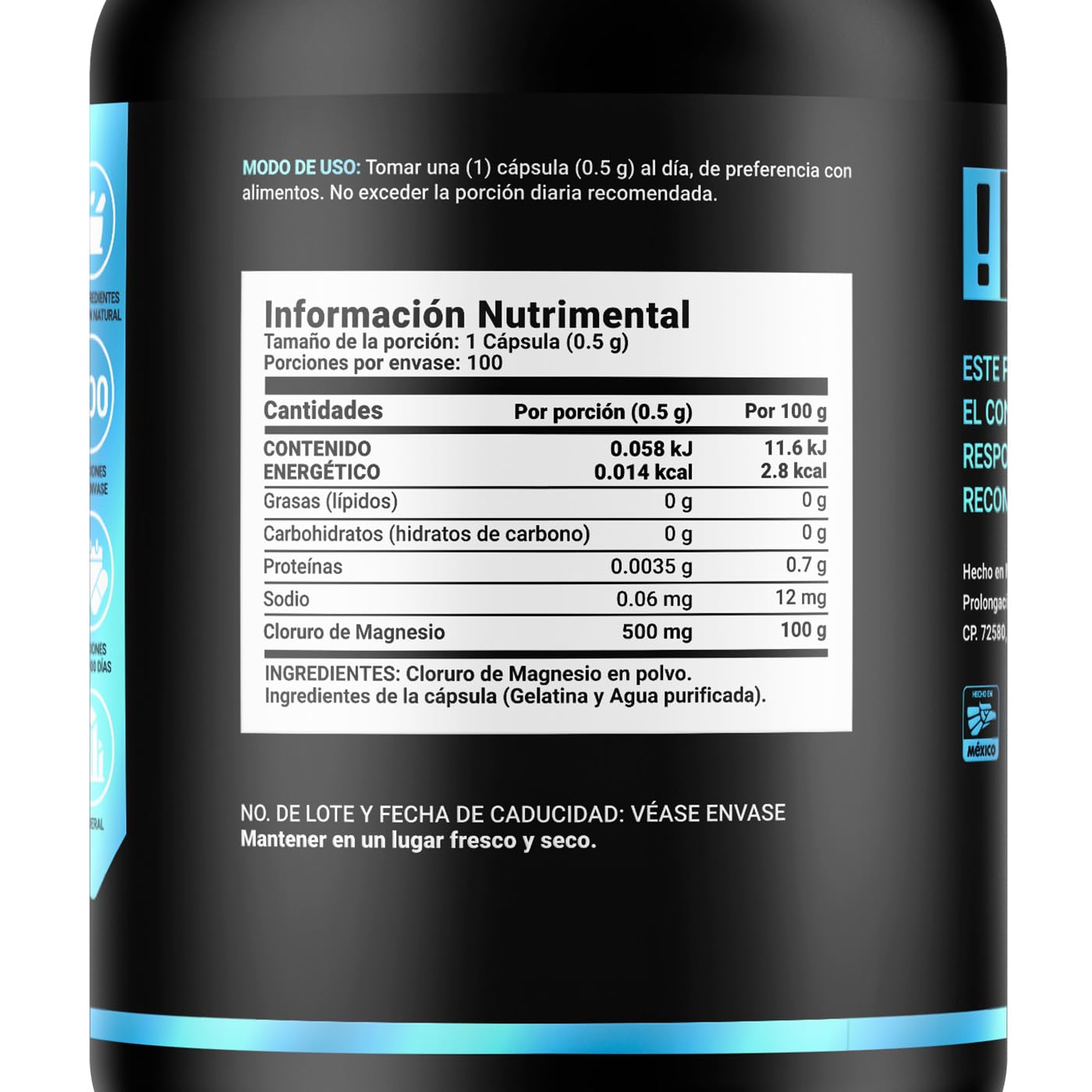 Cloruro de Magnesio 500 mg | 100 Cápsulas Ingredientes naturales. Chloride Mag B Life.
