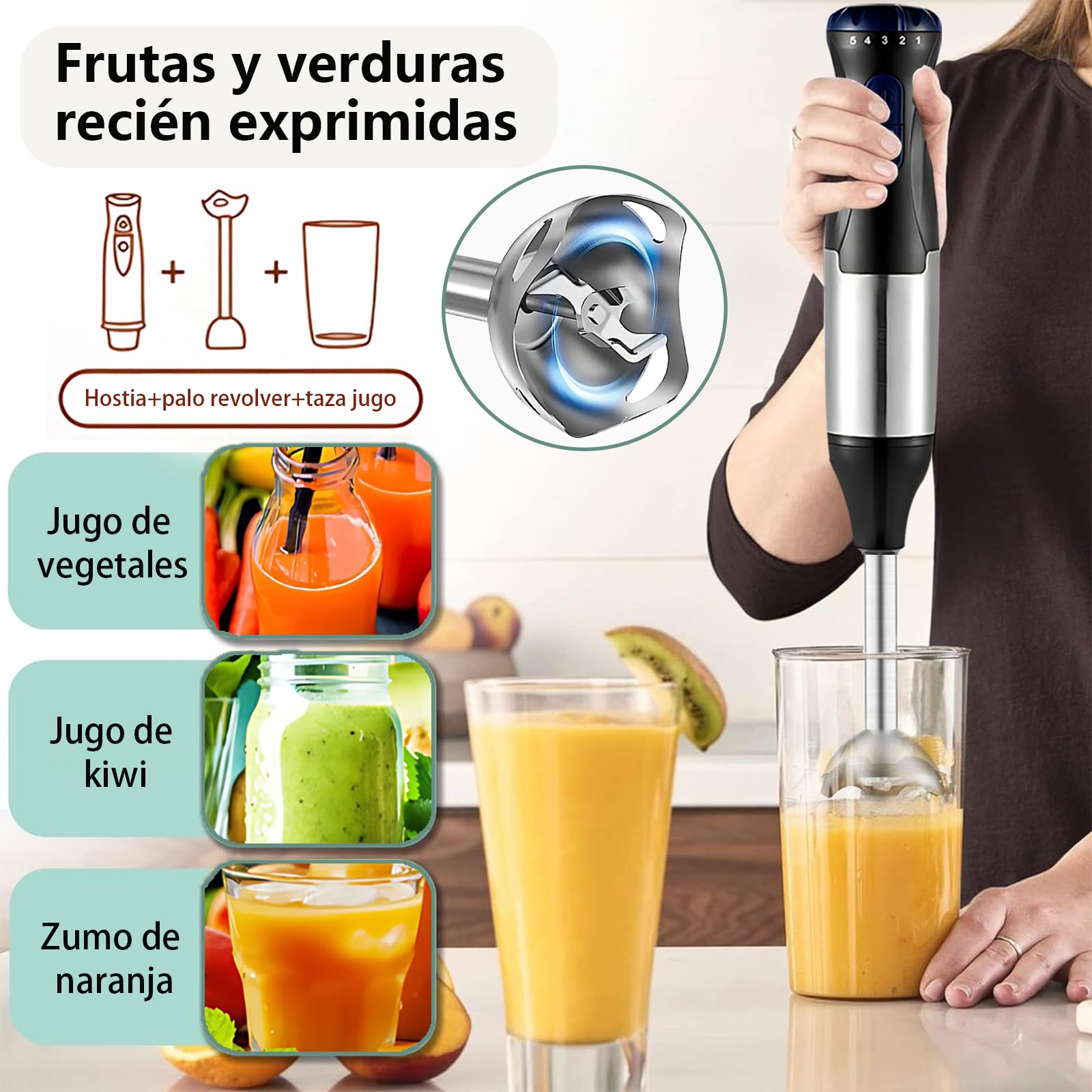 Batidora de Mano 4 en 1 de acero inoxidable,Batidora Turbo de Inmersión 1000W Con 5 Velocidades, Con Picadora de 500 ml, Batidora de Huevo, Licuadora, Vaso Medidor de 700ml