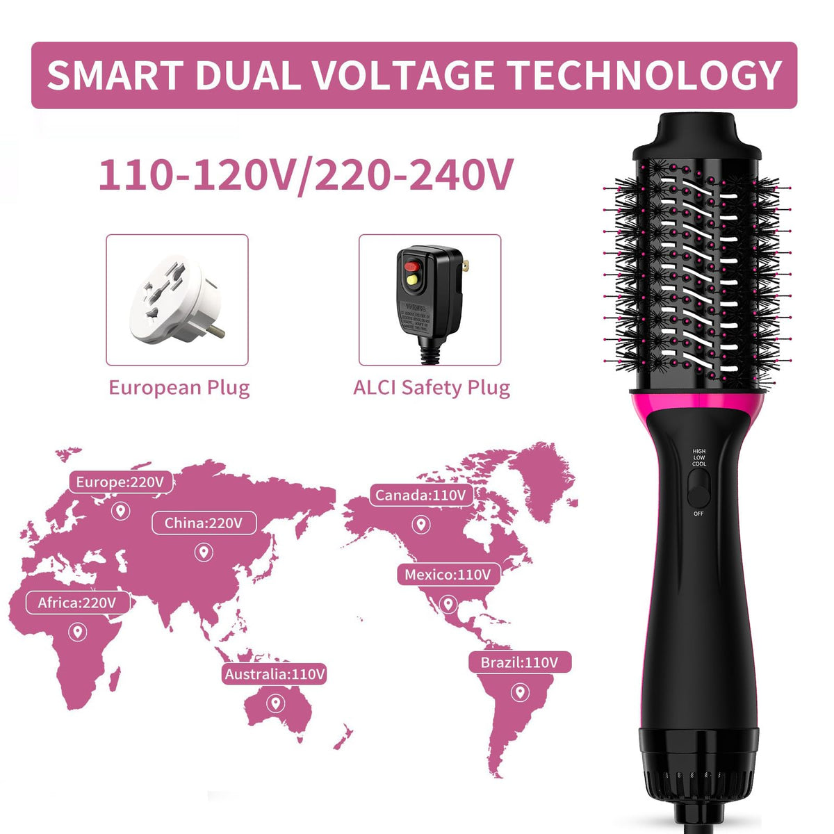 Cepillo Secador de Pelo Plus 2.0 Doble Voltaje Enchufe Europeo Un Solo Paso y Volumizador para Viajes Europeos