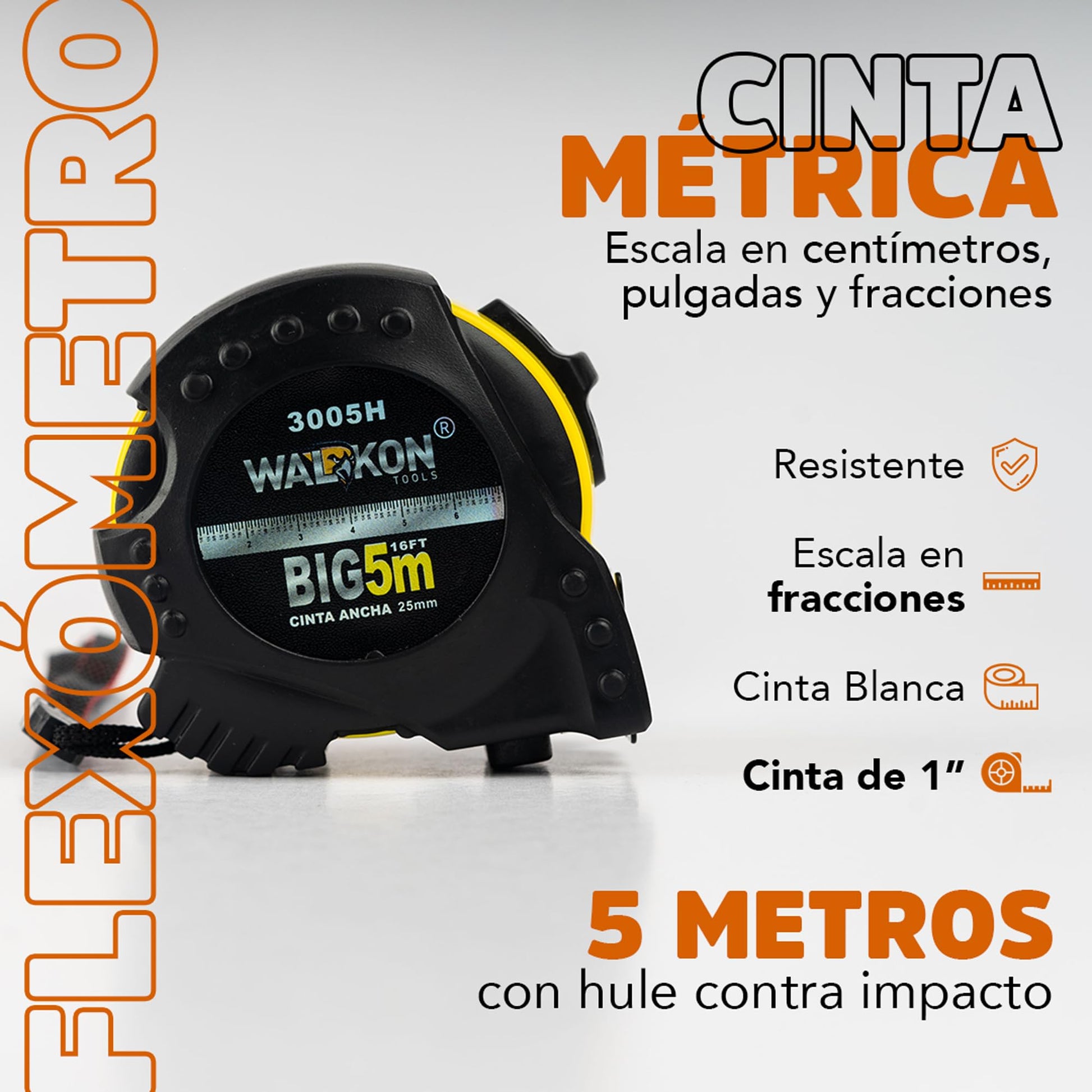 Flexómetro WALKON Blanco Hule contra Impacto 5 Metros