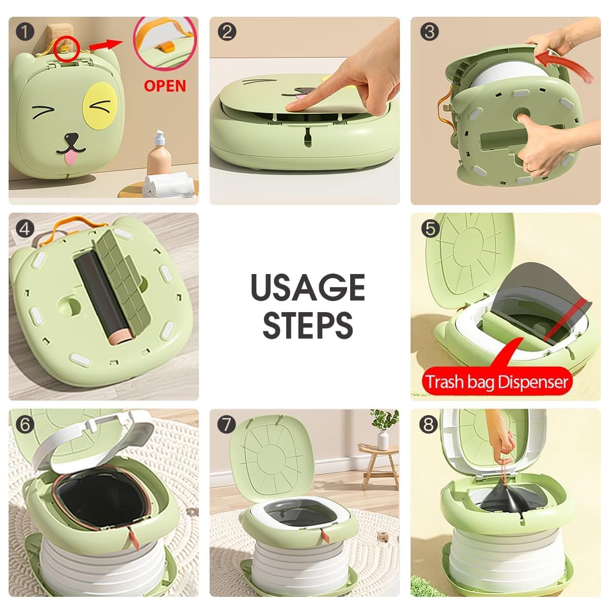 Orinal de Viaje Portátil para Niños,Asiento Entrenador Baño para Niños, portátiles y plegables con bolsa de basura y bolsa de almacenamiento para automóviles,Camping, Interior y Exterior con Rollos Bolsa de Almacenamiento (Verde)