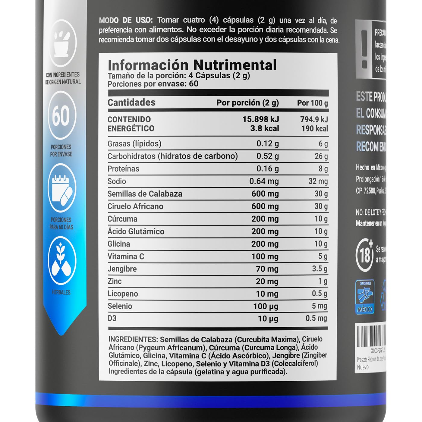 Fórmula de Ciruelo Africano, Selenio, Cúrcuma, Zinc, Semilla de Calabaza y D3. Ingredientes Naturales con 2000 mg por porción y 240 caps. Pros Platinum B Life.