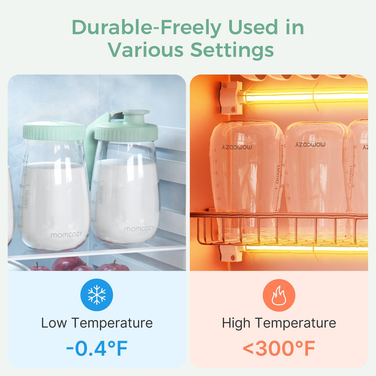 Momcozy Jarra de Vidrio para Leche Materna, Boca Ancha, Antiderrames, Resistente al Calor y al Frío, con Tapa Plana y Tapa con Asa, 2 Piezas de 32 oz (64 oz Totales)