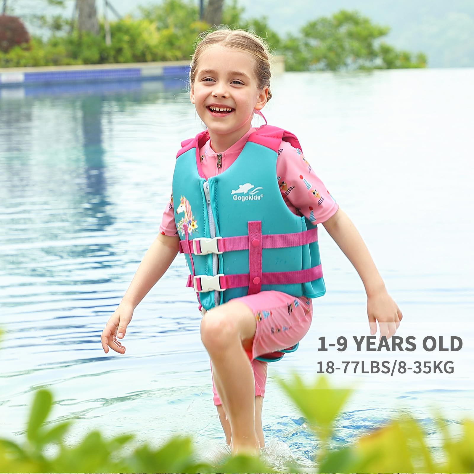Gogokids - Chaleco de natación para niños pequeños, chamarra flotante para niñas y niños de 20-30-40-50 libras, flotadores de natación con correa de seguridad ajustable Duel, para niños de 2-9 años