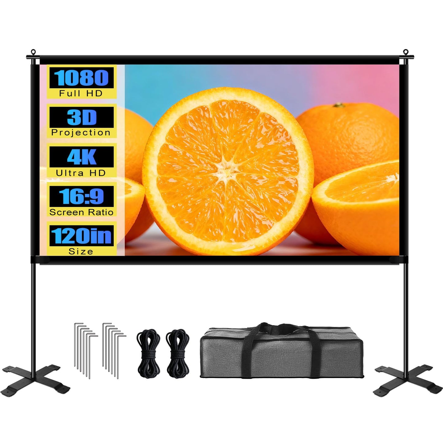 XIAOHUI - visualización de proyector para exteriores con soporte, visualización de proyector portátil de 120 pulgadas con bolsa de transporte, juego de cuerda de fijación resistente al viento