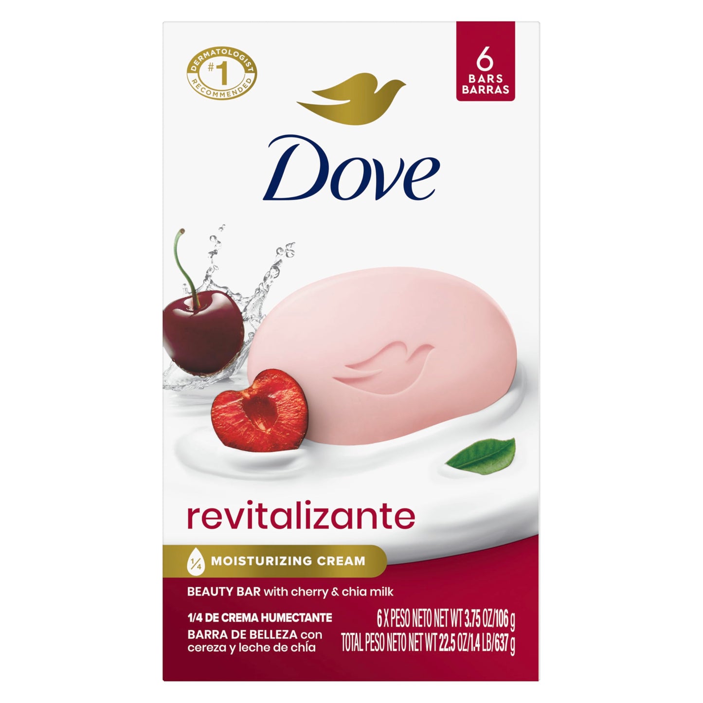 Dove- Jabón en Barra Revitalizante Leche de Cereza y Chía Pack de 6 para Piel Seca Formulado con ¼ de Humectante, Dove, SKIN_CLEANING_AGENT, Unilever
