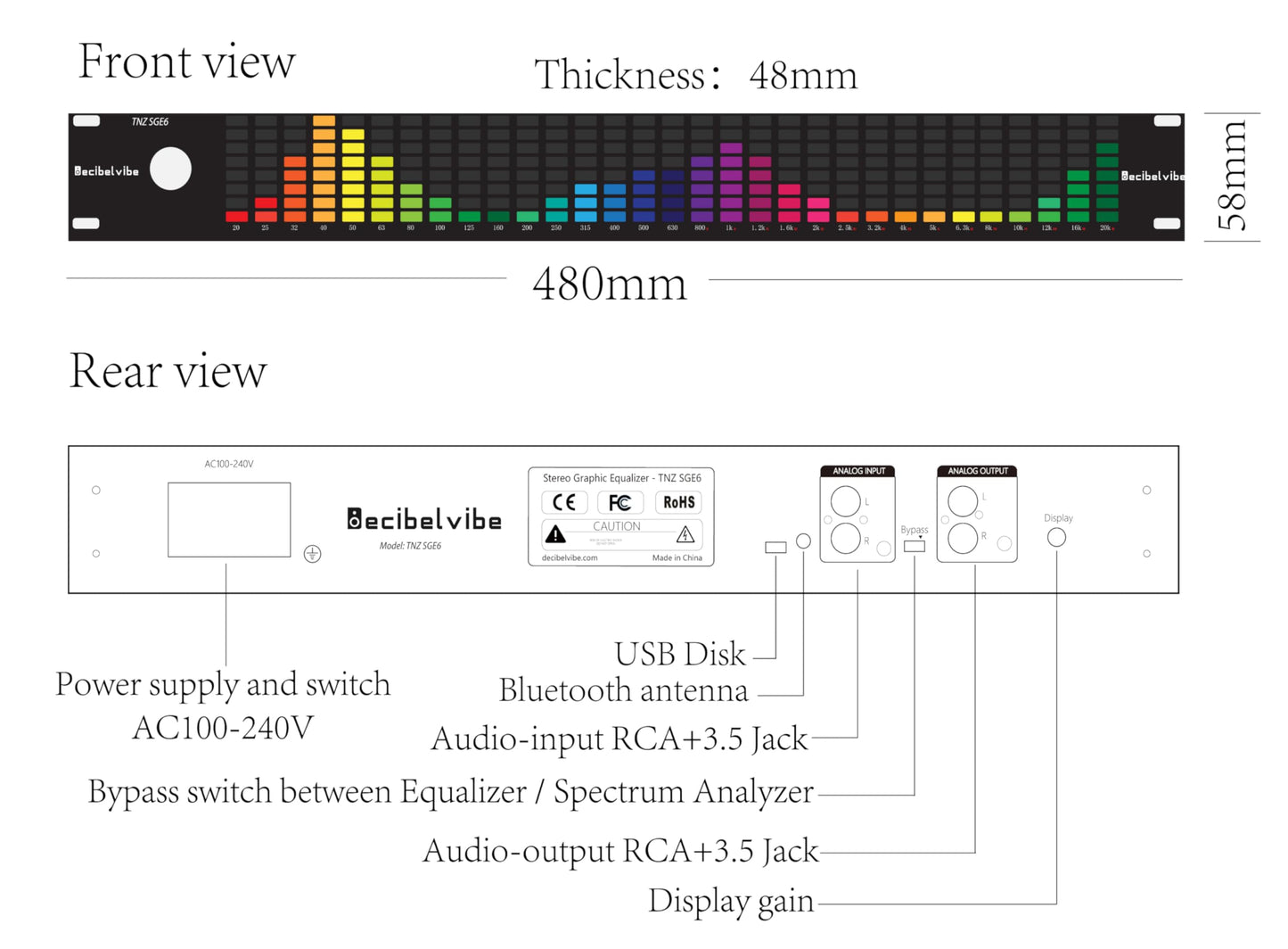 Decibelvibe TNZ SGE6 - Ecualizador Gráfico de Audio con Entrada y Salida RCA Trasera + Auxiliar de 3.5, Micrófono Integrado y USB, Preamplificador para Audio en Casa, Profesional, Automóvil, HiFi