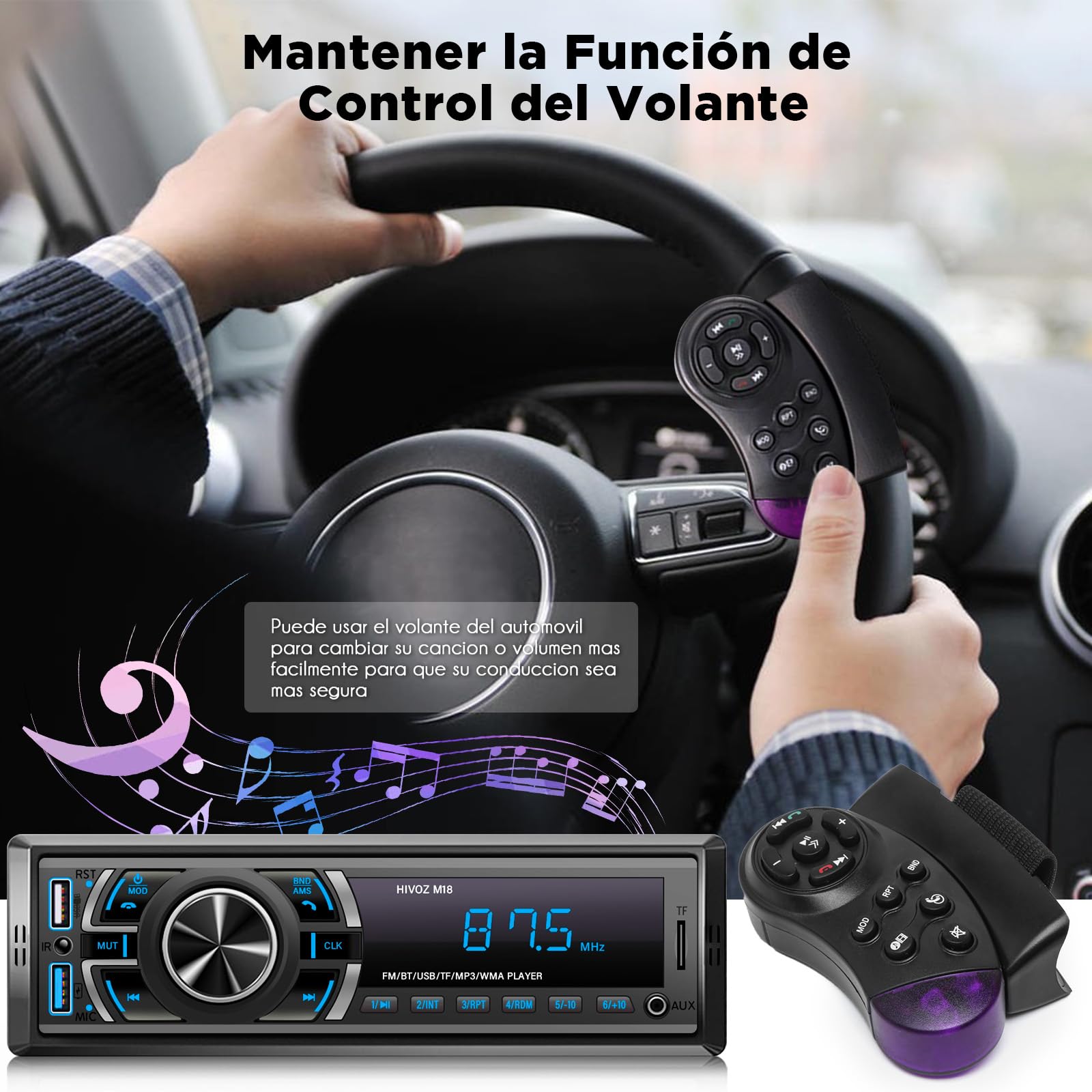 HIMICAR Estereo para Automovil MP3, Autoestéreo Bluetooth Llamada Manos Libres, Control por Voz, Dual USB, Bluetooth, FM, AUX, TF, Disco U, Micrófono Incorporado + Controles del Volante