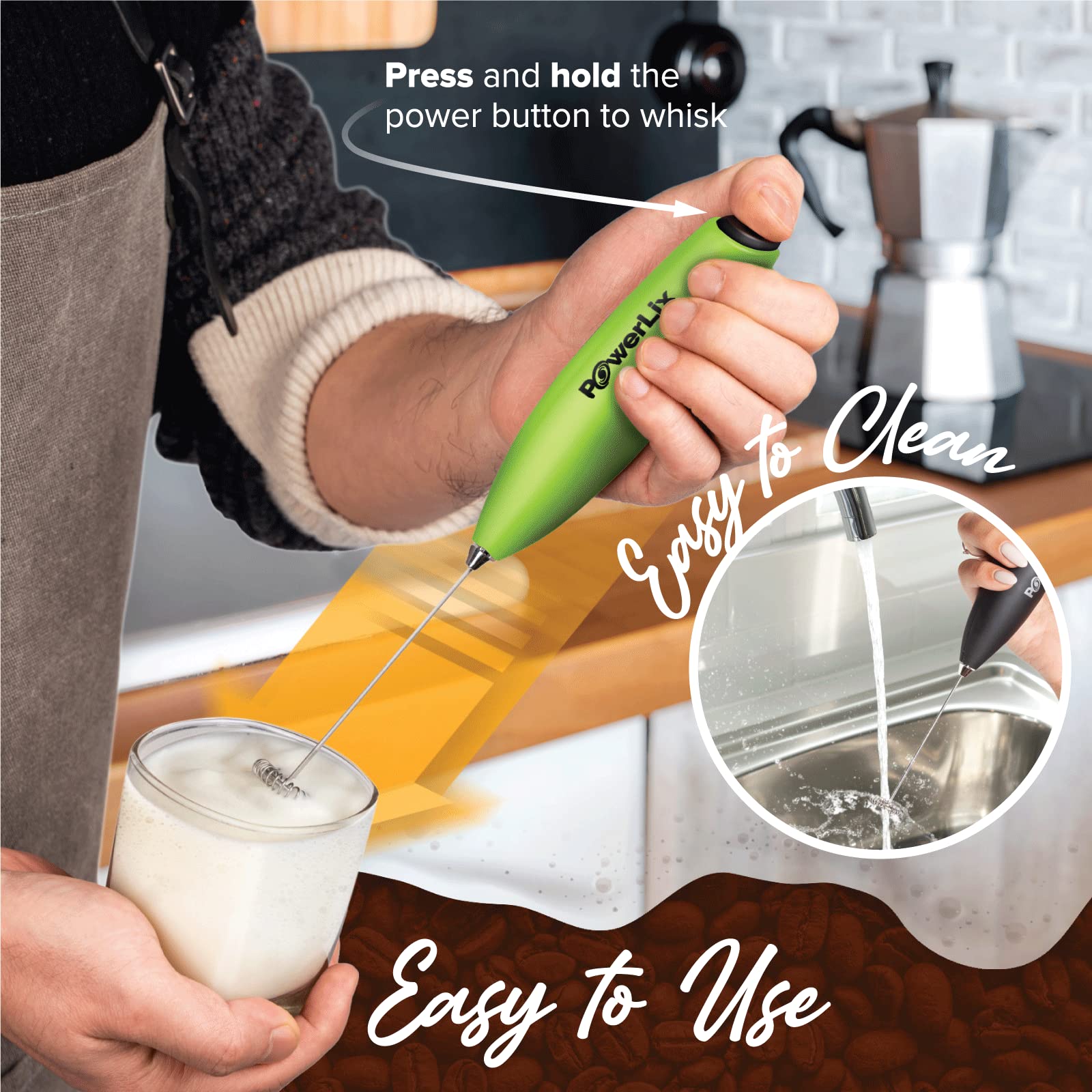 Espumador de Leche PowerLix Negro con Batidor y Soporte Duradero para Café y Chocolate