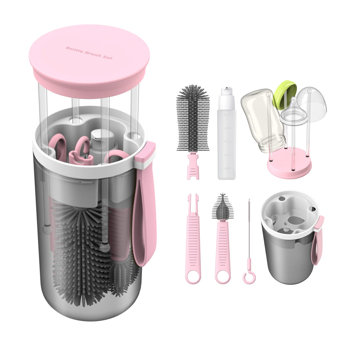 Kit de limpieza de viaje del bebé de cepillo de botella, Rack de secado integrado, cepillo en forma de pezón,cepillos de paja, dispensde jabón de botella, tazón de botella más caliente.(Rosa)