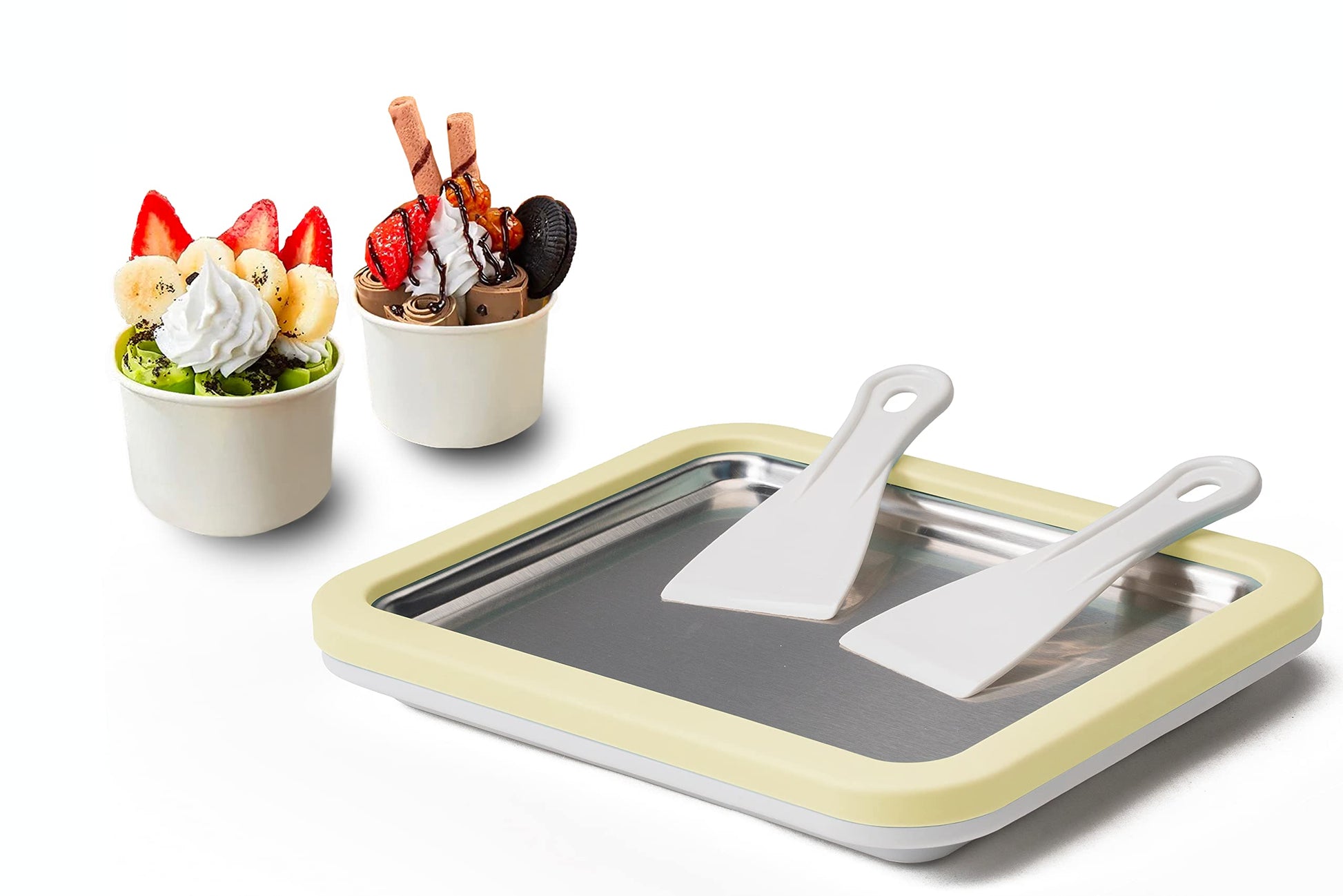 Máquina de Helado Enrollada JoyMech Blanca con Sartén de Puntos Dulces para Hacer Helado y Granizados