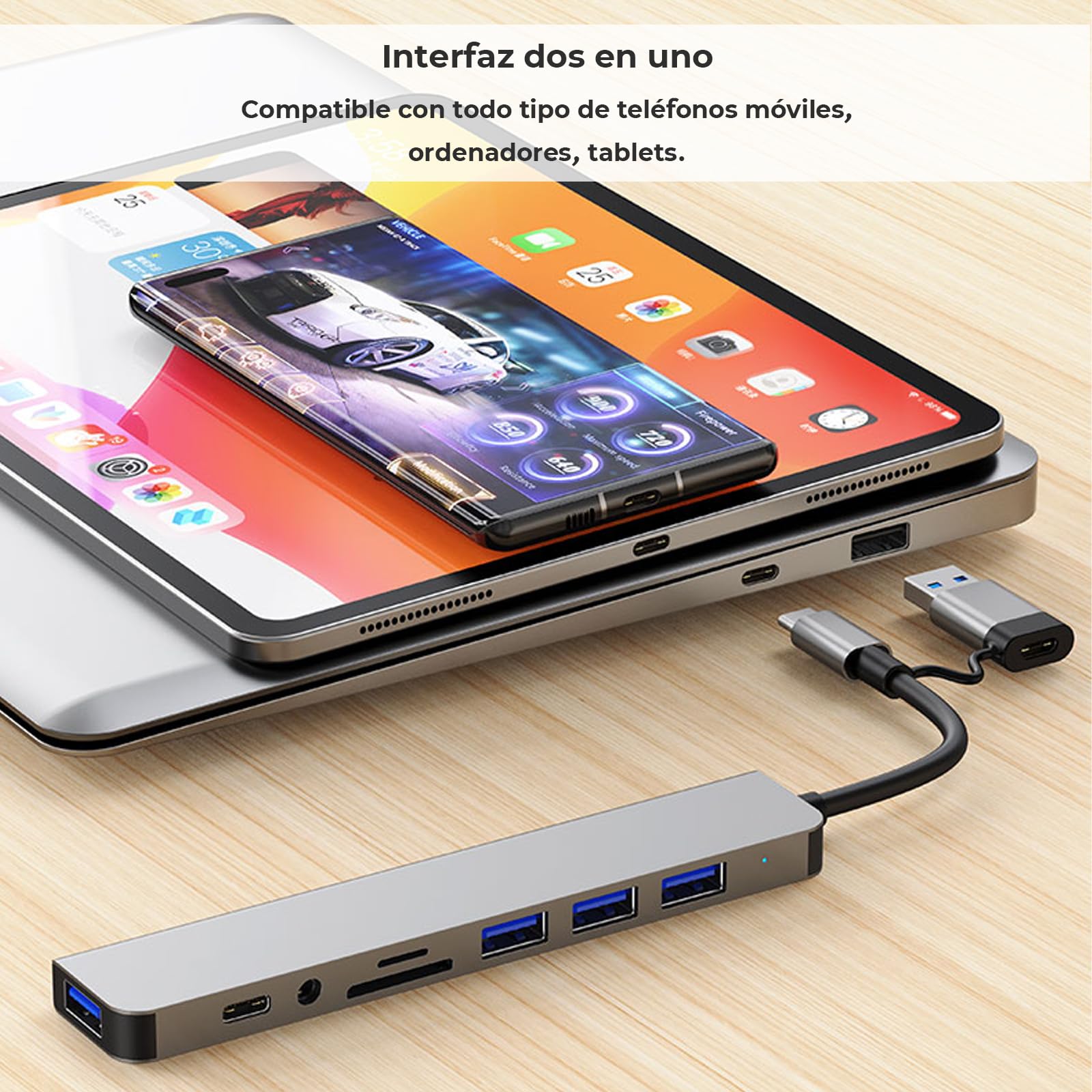 Adaptador USB C Multipuerto WULAR Gris con 8 en 1 para MacBook Air/Pro iPad Surface Chromebook