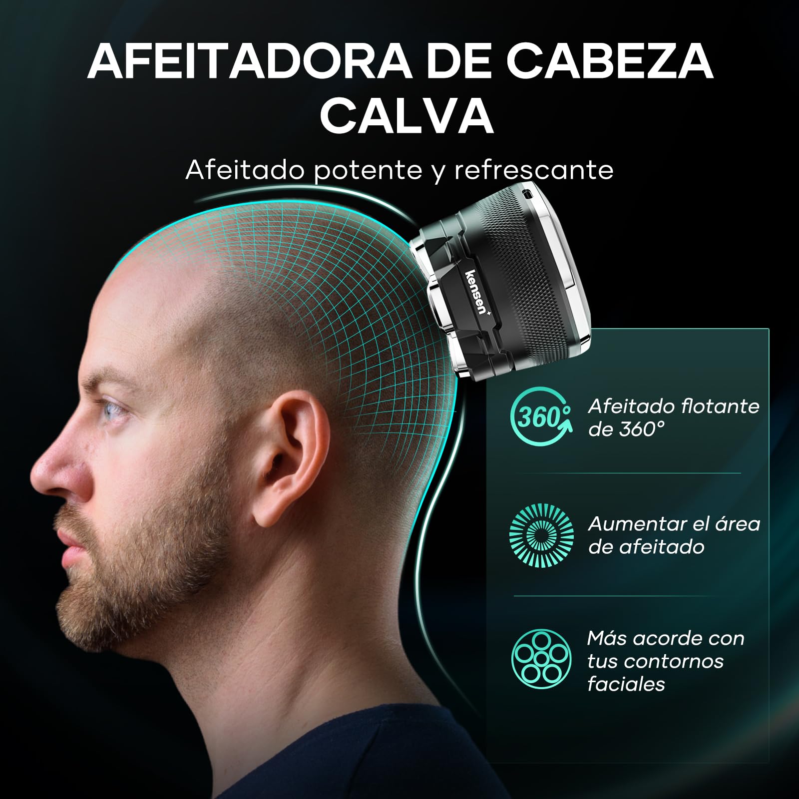 Afeitadora KENSEN IPX6 Negra 6D Cabezales Magnéticos para Hombre