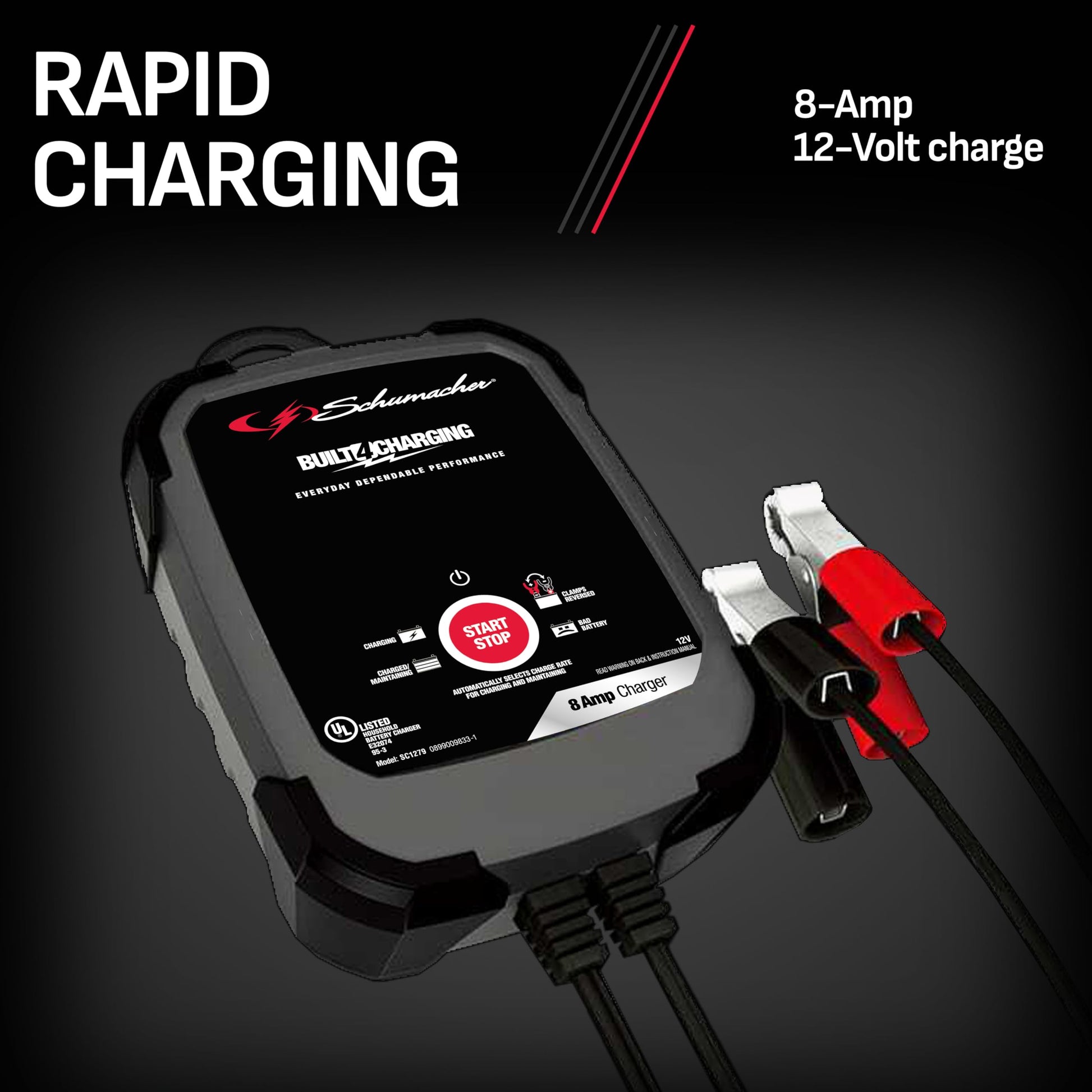 Schumacher SC1279 - Cargador y mantenedor rápido eléctrico 3 en 1, completamente automático, 8 amperios, 12 voltios y 6 voltios con desulfatación para motocicletas, deportes de potencia, marina, coche